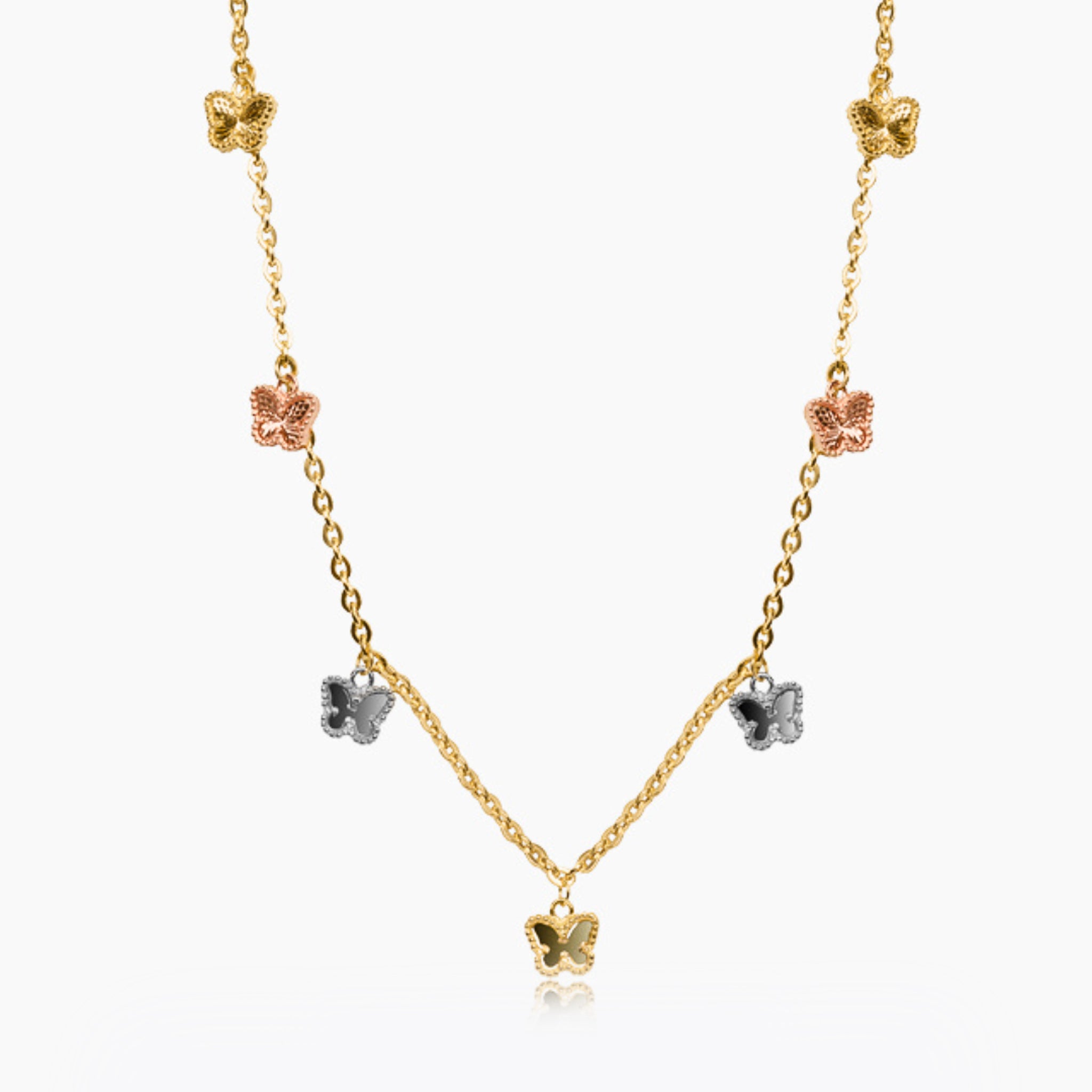 14K TRI COLOR GOLD ORNATE BUTTERFLY CHARM NECKLACE