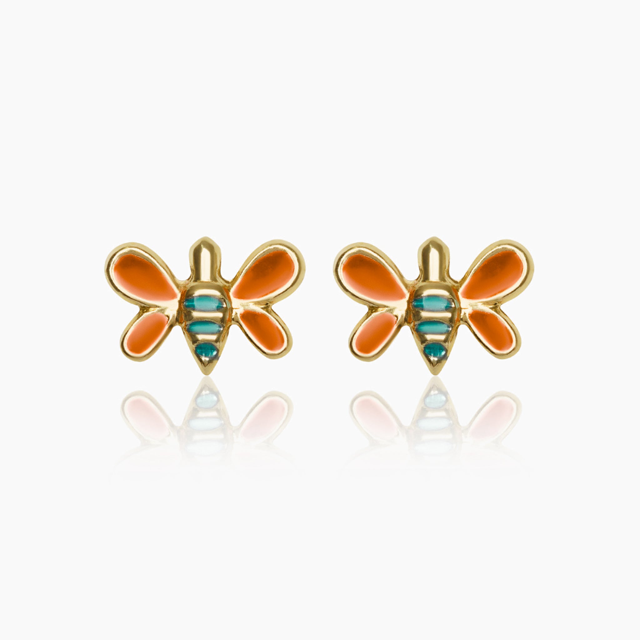 14K YELLOW GOLD MULTI COLOR BUTTERFLY STUDS -ORANGE/TEAL