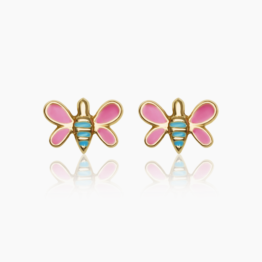 14K YELLOW GOLD MULTI COLOR BUTTERFLY STUDS -PINK/TEAL
