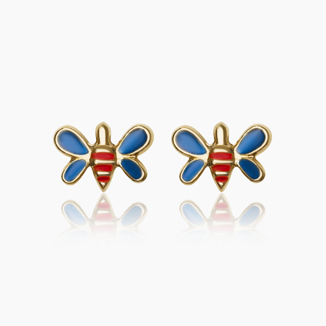 14K YELLOW GOLD MULTI COLOR BUTTERFLY STUDS -BLUE/RED