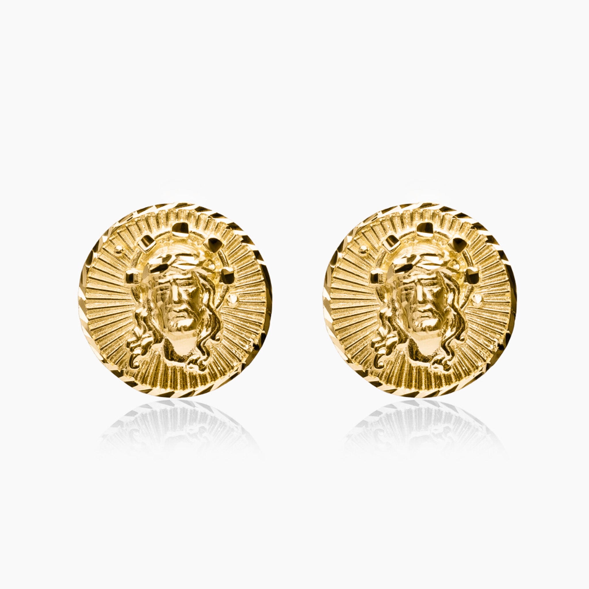10K YELLOW GOLD ROUND PENDANT JESUS PIECE STUDS