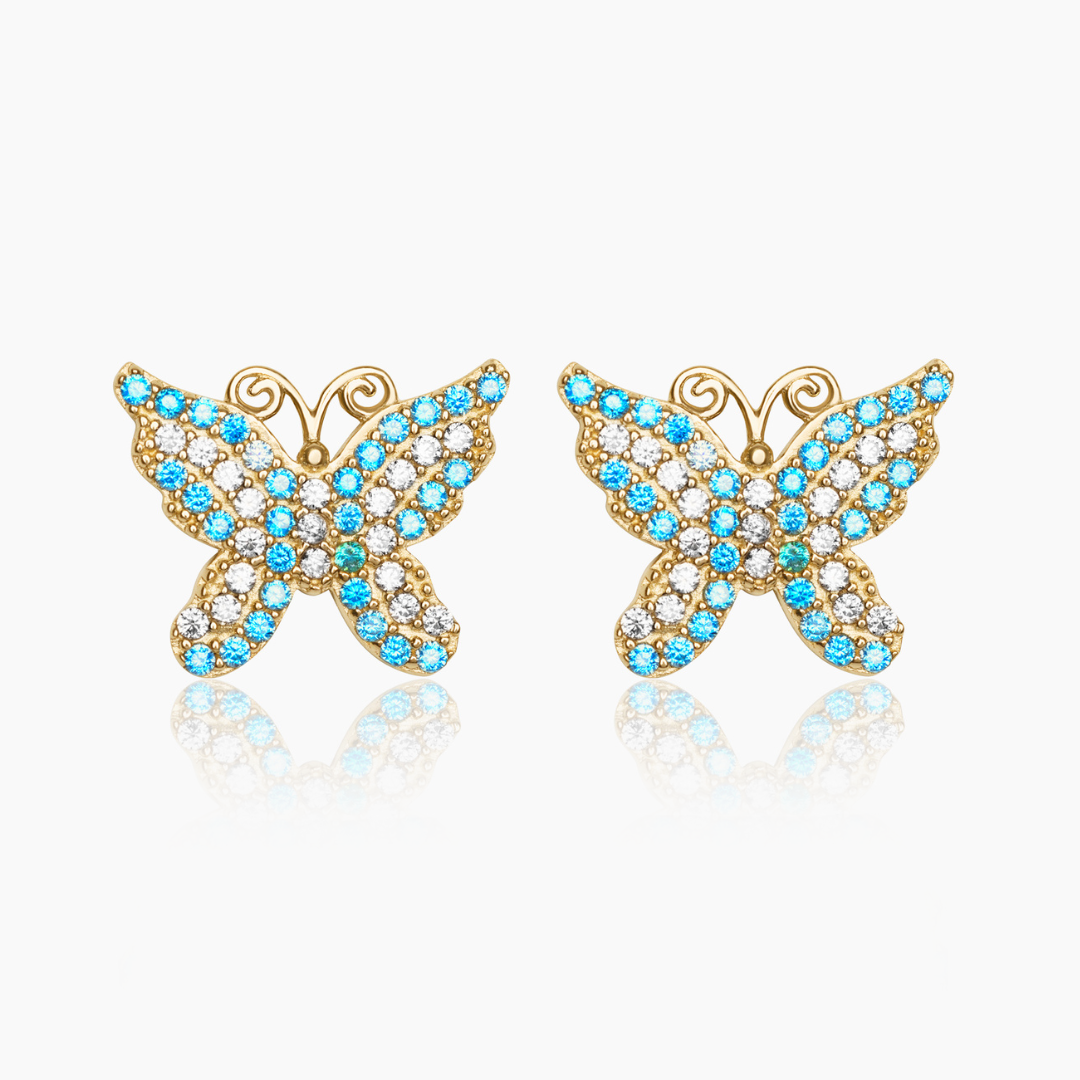 14K YELLOW GOLD SERAPH BUTTERFLY STUDS -TEAL/WHITE