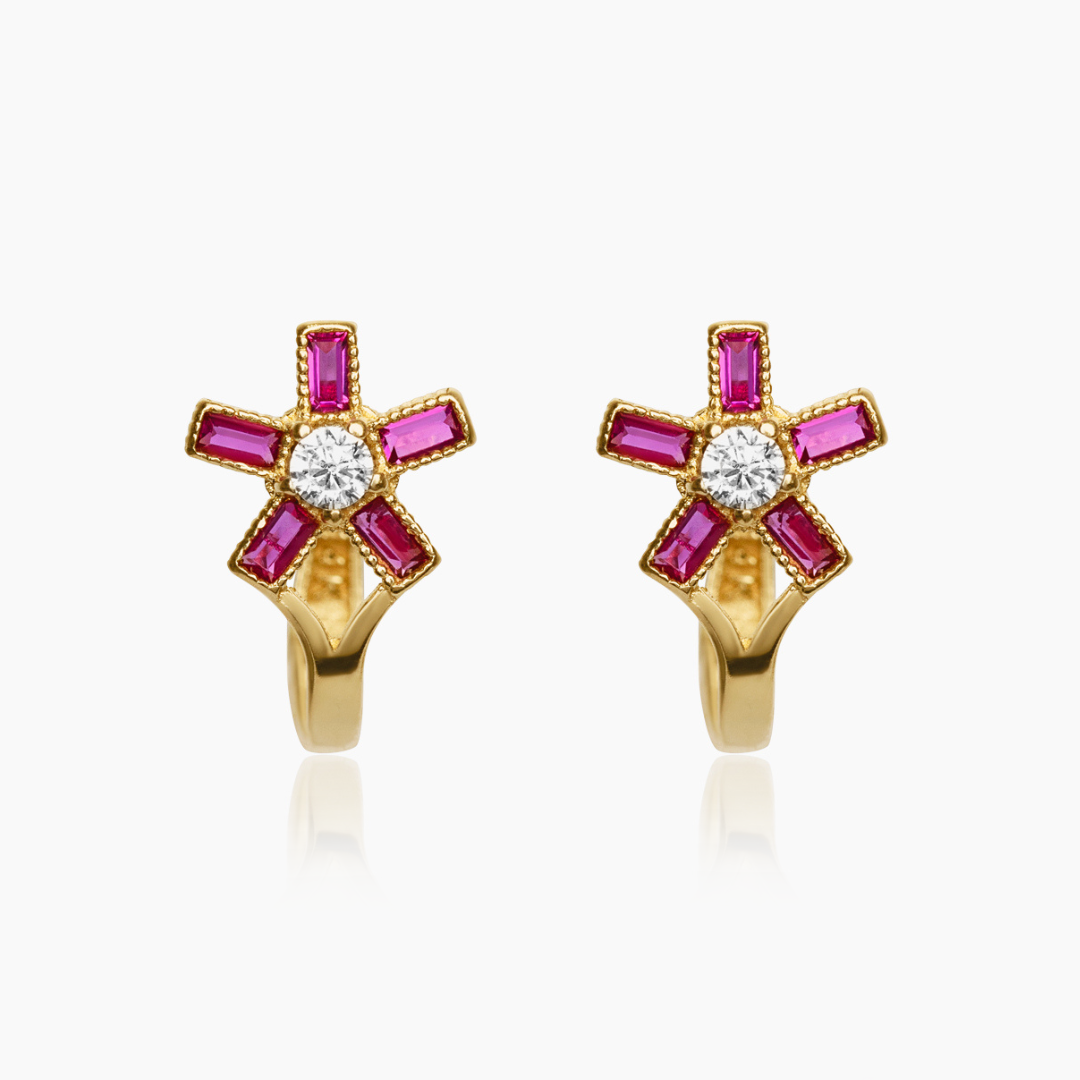 14K YELLOW GOLD WILDFLOWER HALF HUGGIES -FUCHSIA