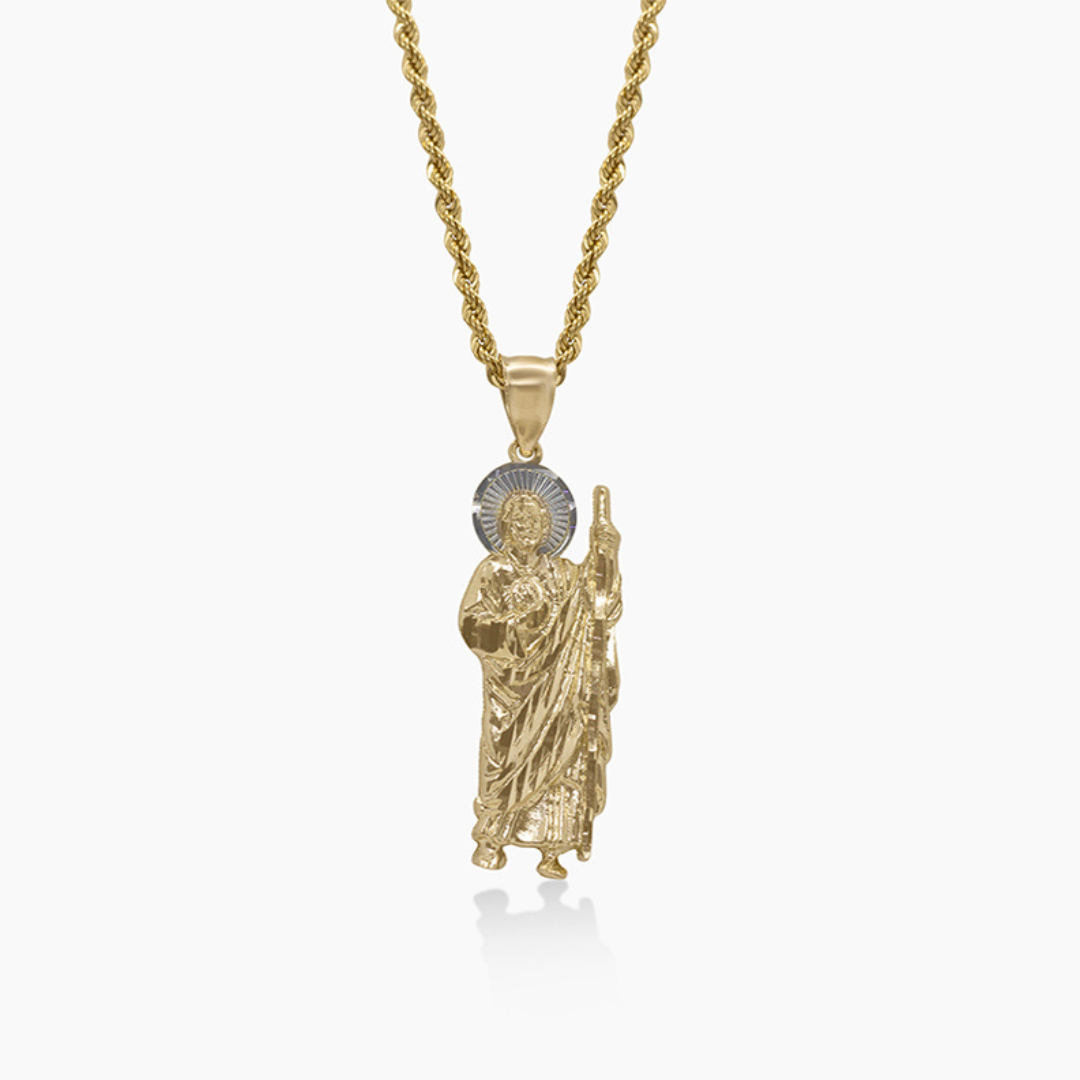 14K YELLOW GOLD GREEN SAN JUDAS HALO NECKLACE SET