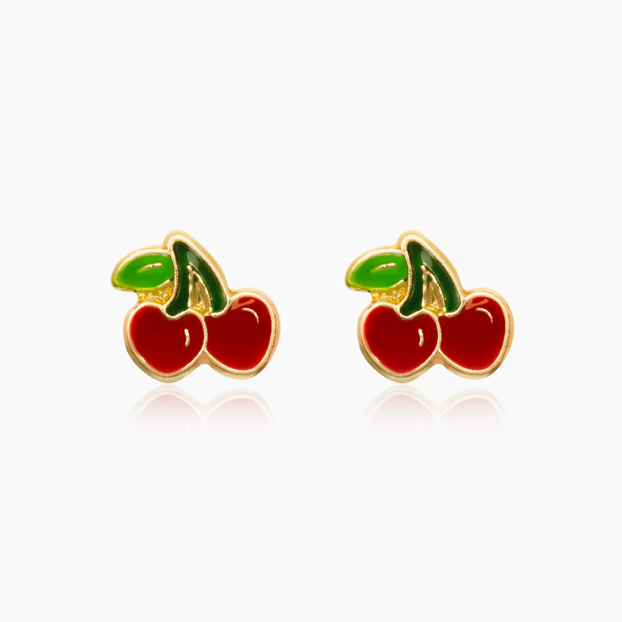 14K YELLOW GOLD ENAMEL CHERRY STUD EARRINGS