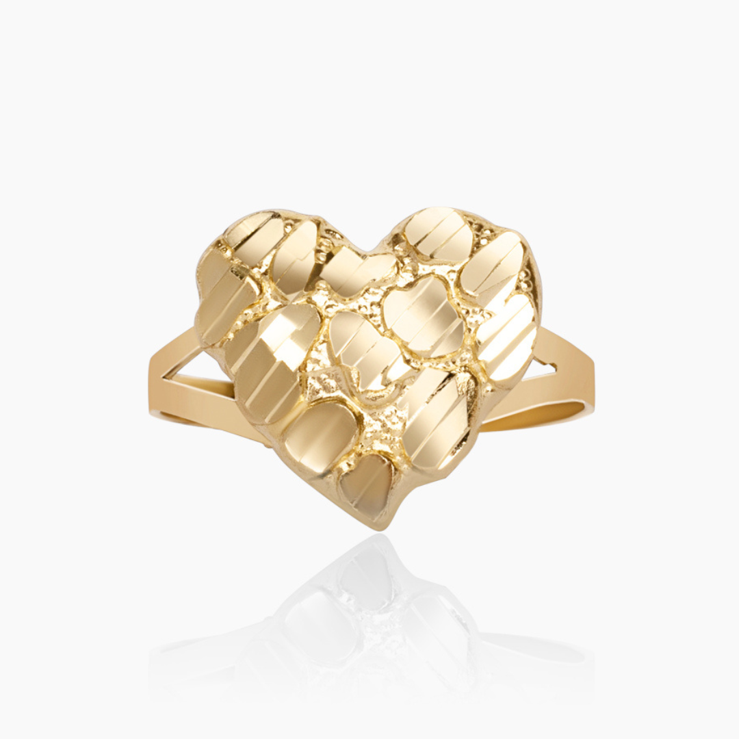 10K YELLOW GOLD NUGGET HEART SPLIT SHANK RING - 14MM