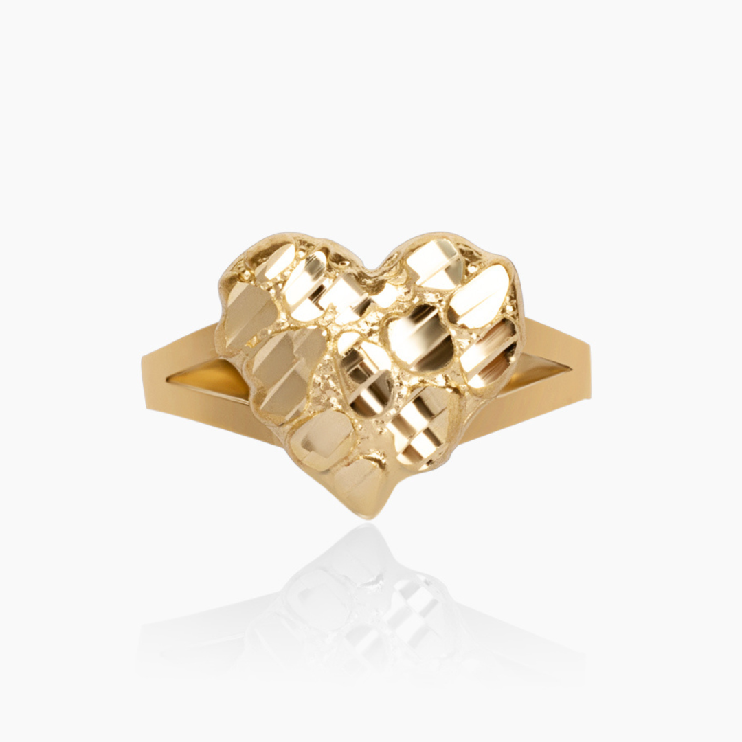 10K YELLOW GOLD NUGGET HEART SPLIT SHANK RING - 12MM