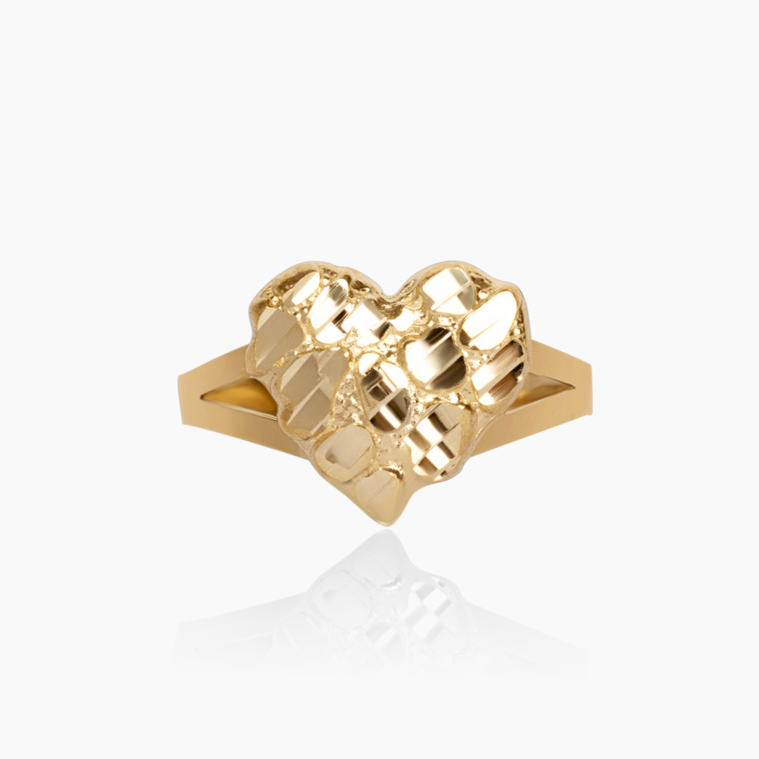 10K YELLOW GOLD NUGGET HEART SPLIT SHANK RING - 10MM