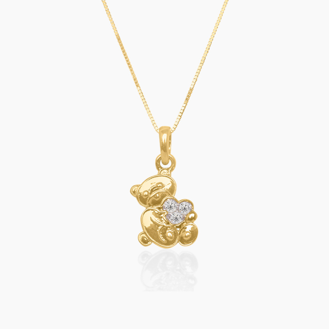 14K YELLOW GOLD DIAMOND AFFECTION TEDDY BEAR NECKLACE