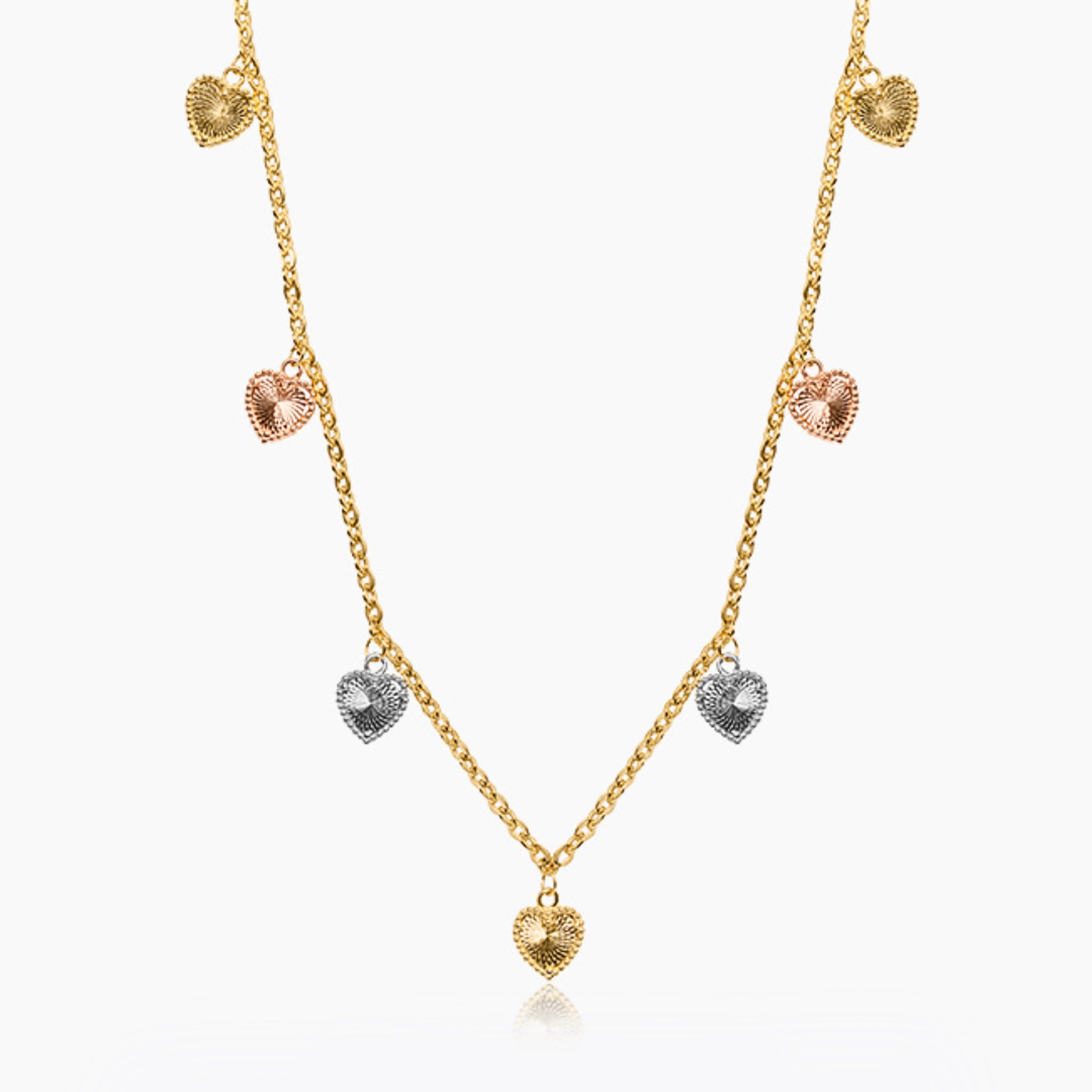 14K TRI COLOR GOLD ORNATE HEART CHARM NECKLACE