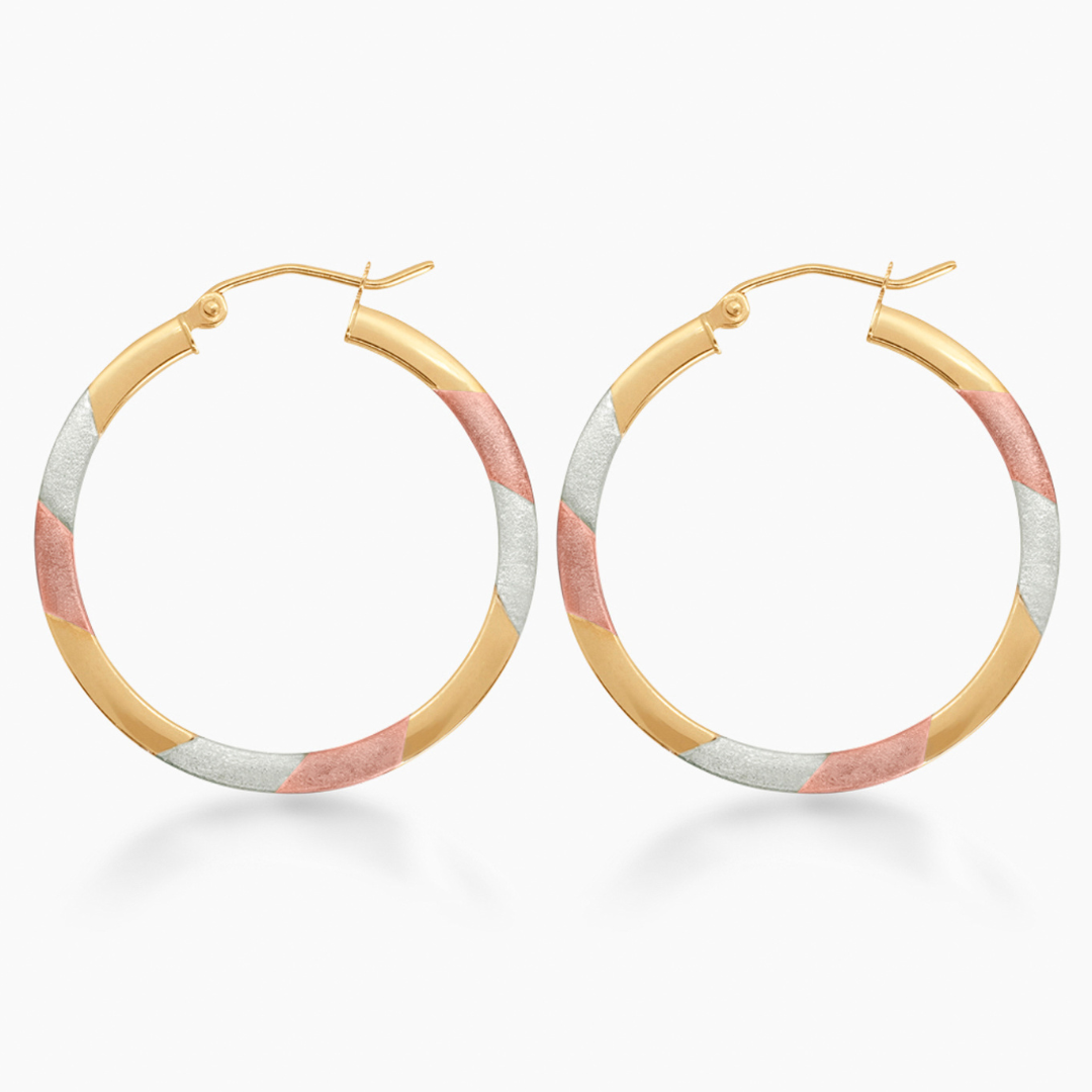14K TRI COLOR GOLD COLOR BLOCK FLAT HOOPS