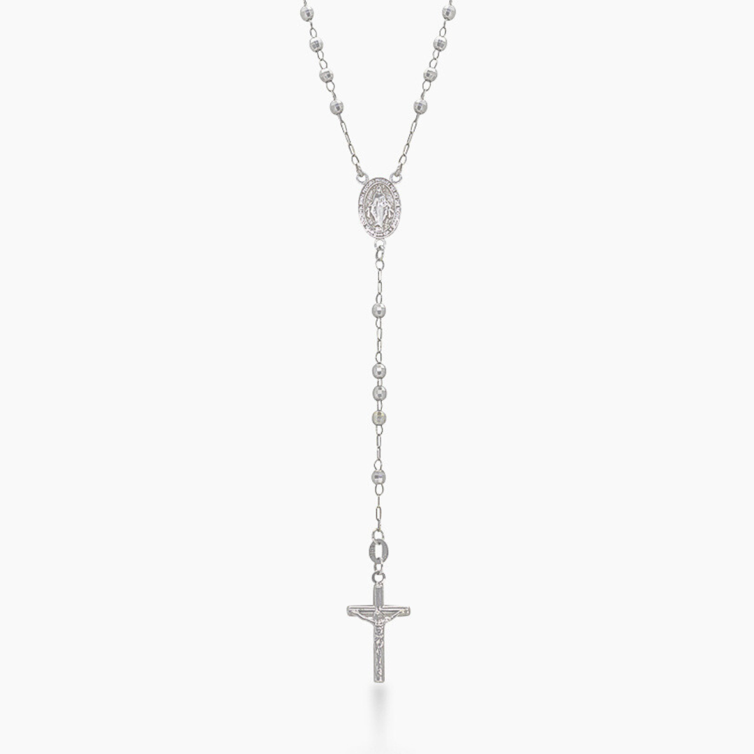14K WHITE GOLD DISCO BALL ROSARY -3MM