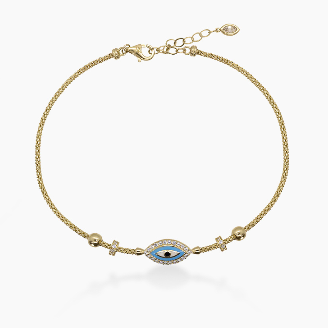 14K YELLOW GOLD HALO BLUE EYE CORD BRACELET