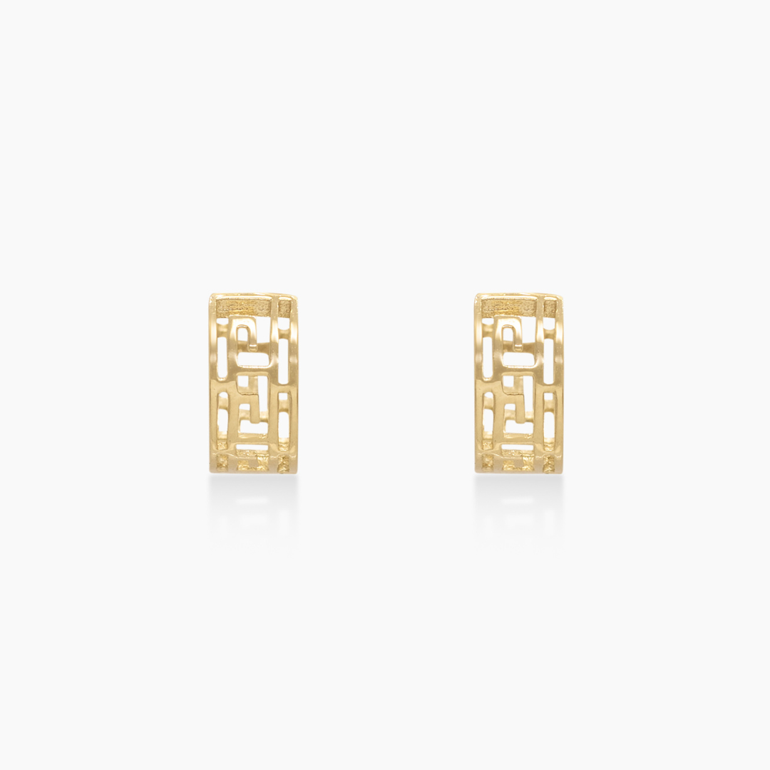 14K YELLOW GOLD MEANDER PRINT MINI HUGGIES