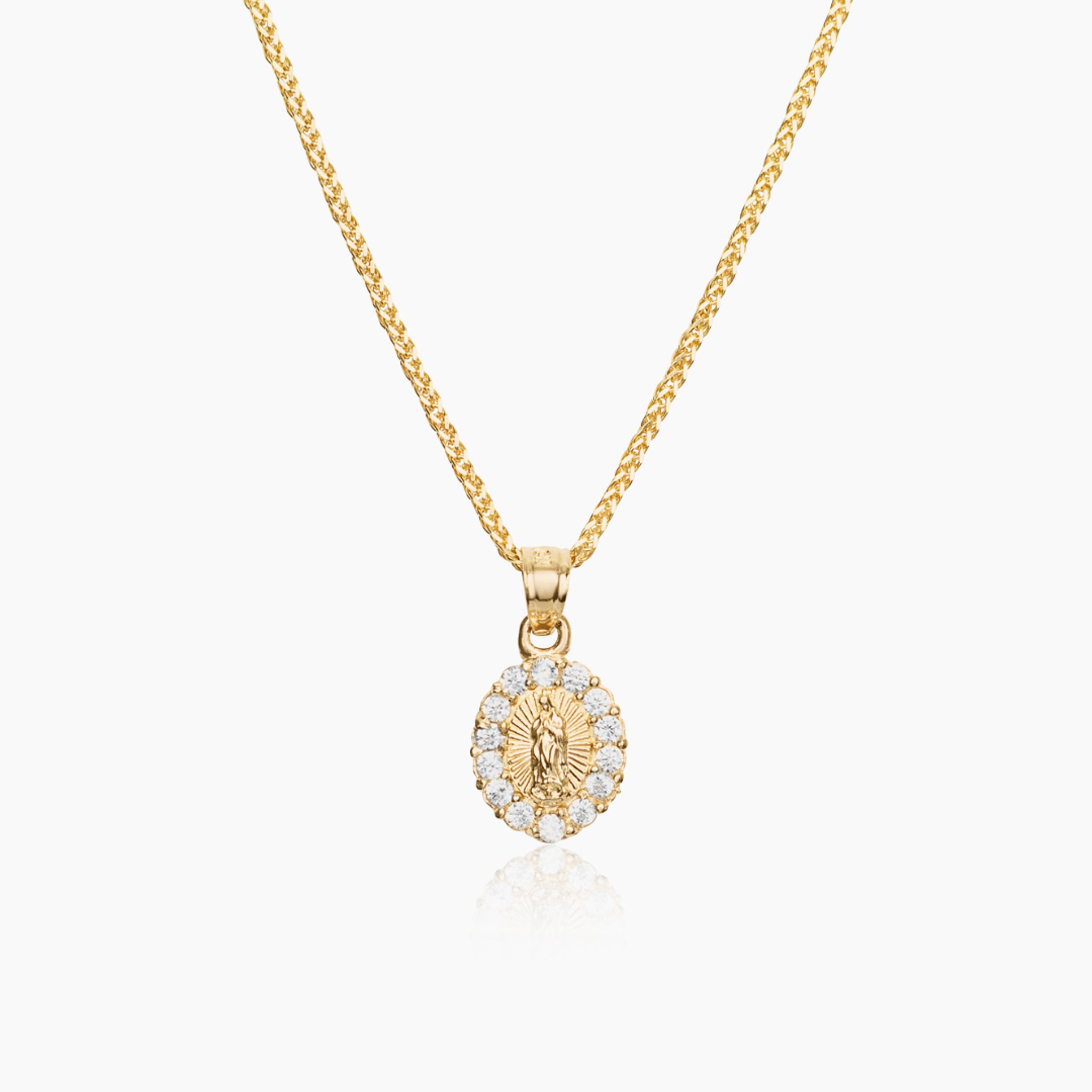 14K YELLOW GOLD MINI ICY VIRGIN MARY NECKLACE