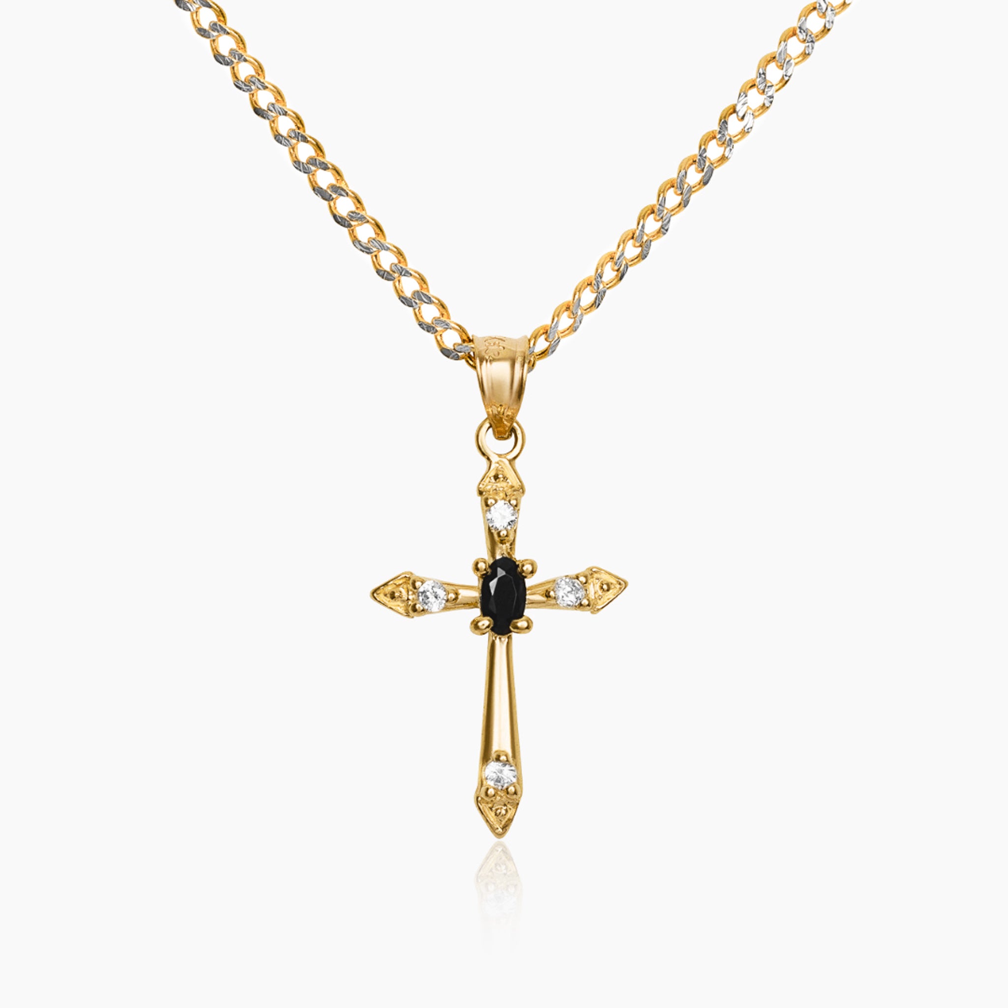 14K YELLOW GOLD BLACK & WHITE CZ ANTIQUE CROSS NECKLACE