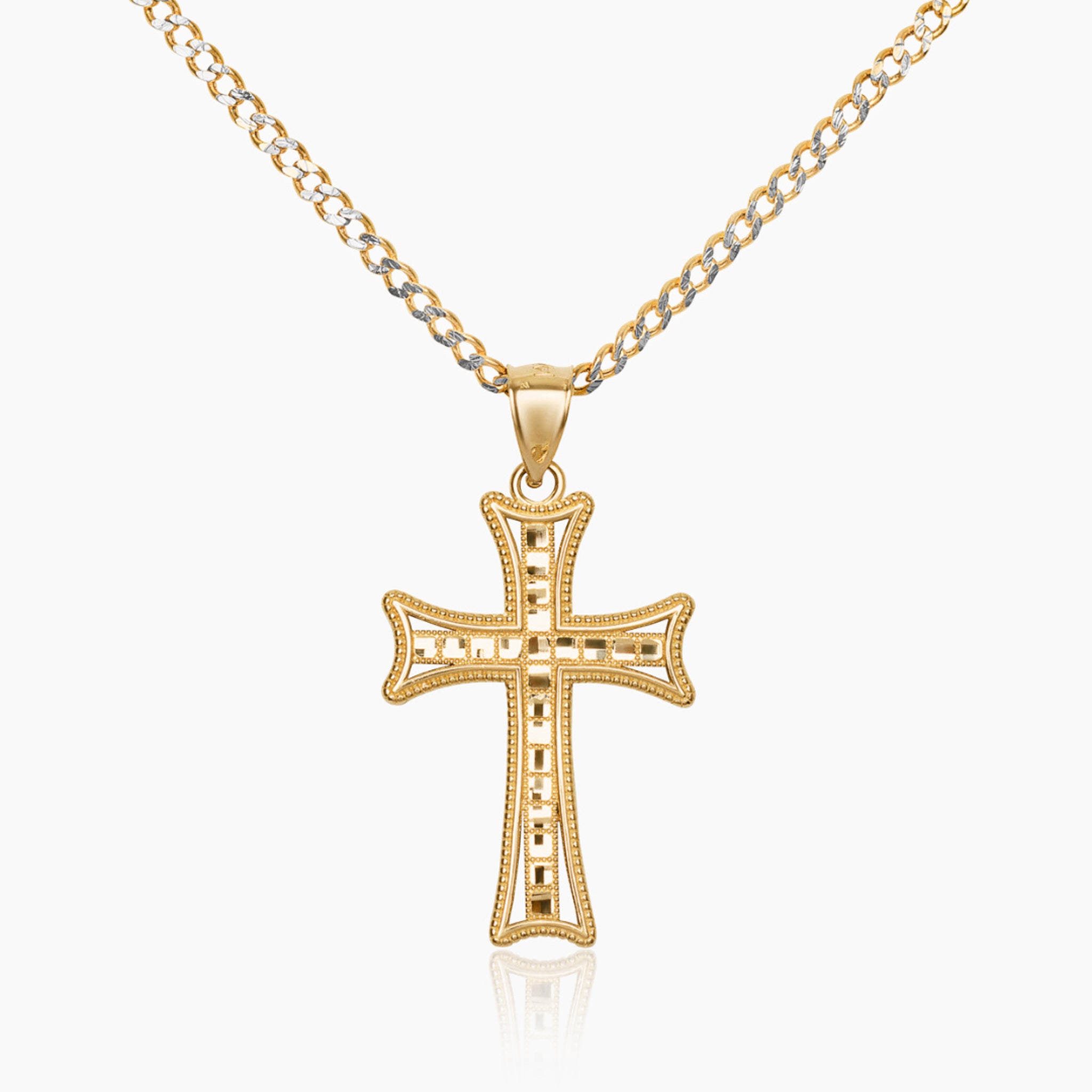 14K YELLOW GOLD CATHEDRAL MOSAIC CROSS NECKLACE