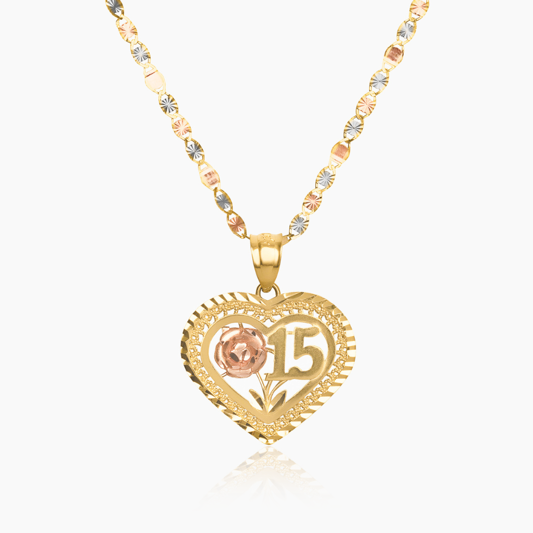 14K TRI COLOR GOLD DULCE CORAZON QUINCE NECKLACE