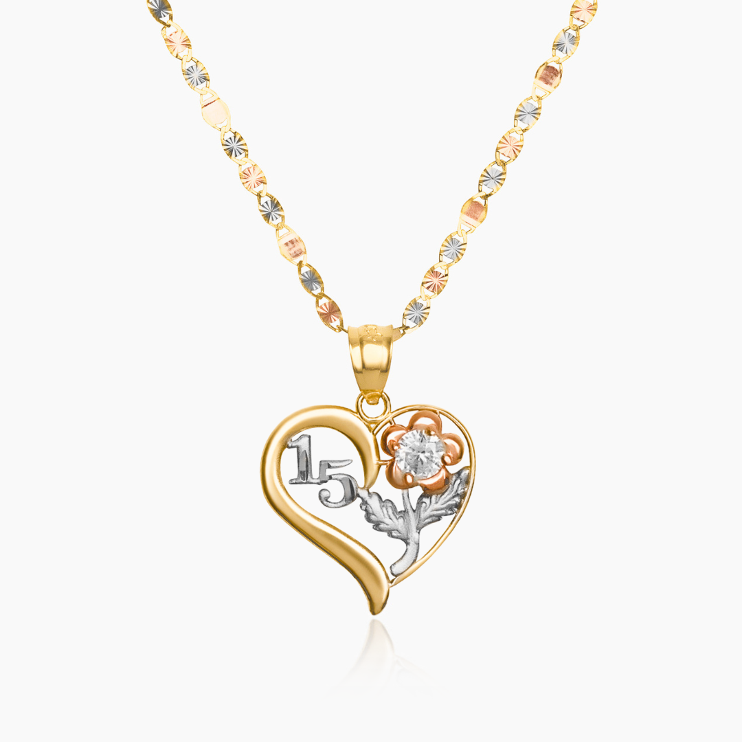 14K TRI COLOR GOLD ANDREA HEART + FLOR QUINCE NECKLACE
