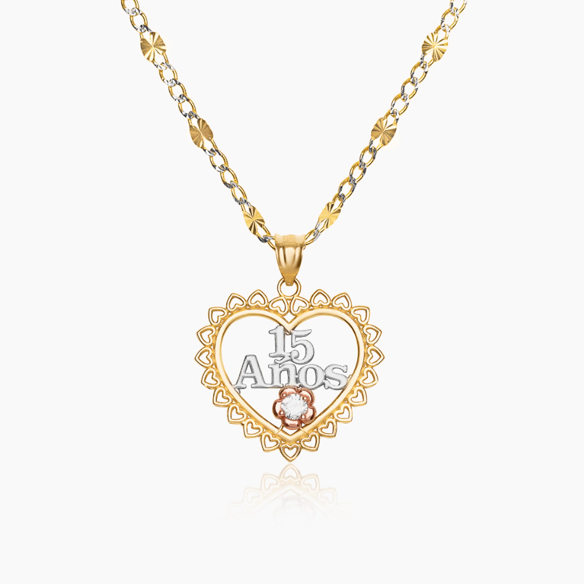 14K TRI COLOR GOLD LACE HEART QUINCE NECKLACE