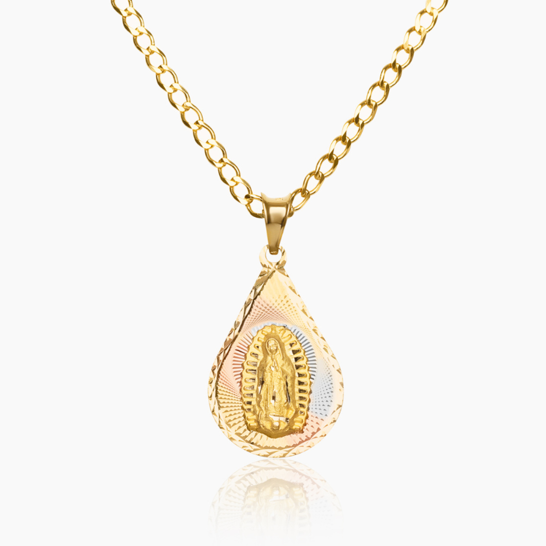 14K YELLOW GOLD PEAR SHAPE VIRGIN MARY CUBAN NECKLACE