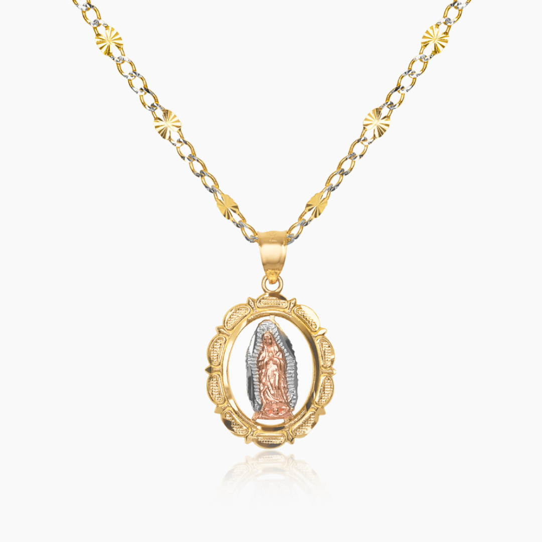 14K TRI COLOR GOLD VIRGIN MARY FLOATING FRAME NECKLACE