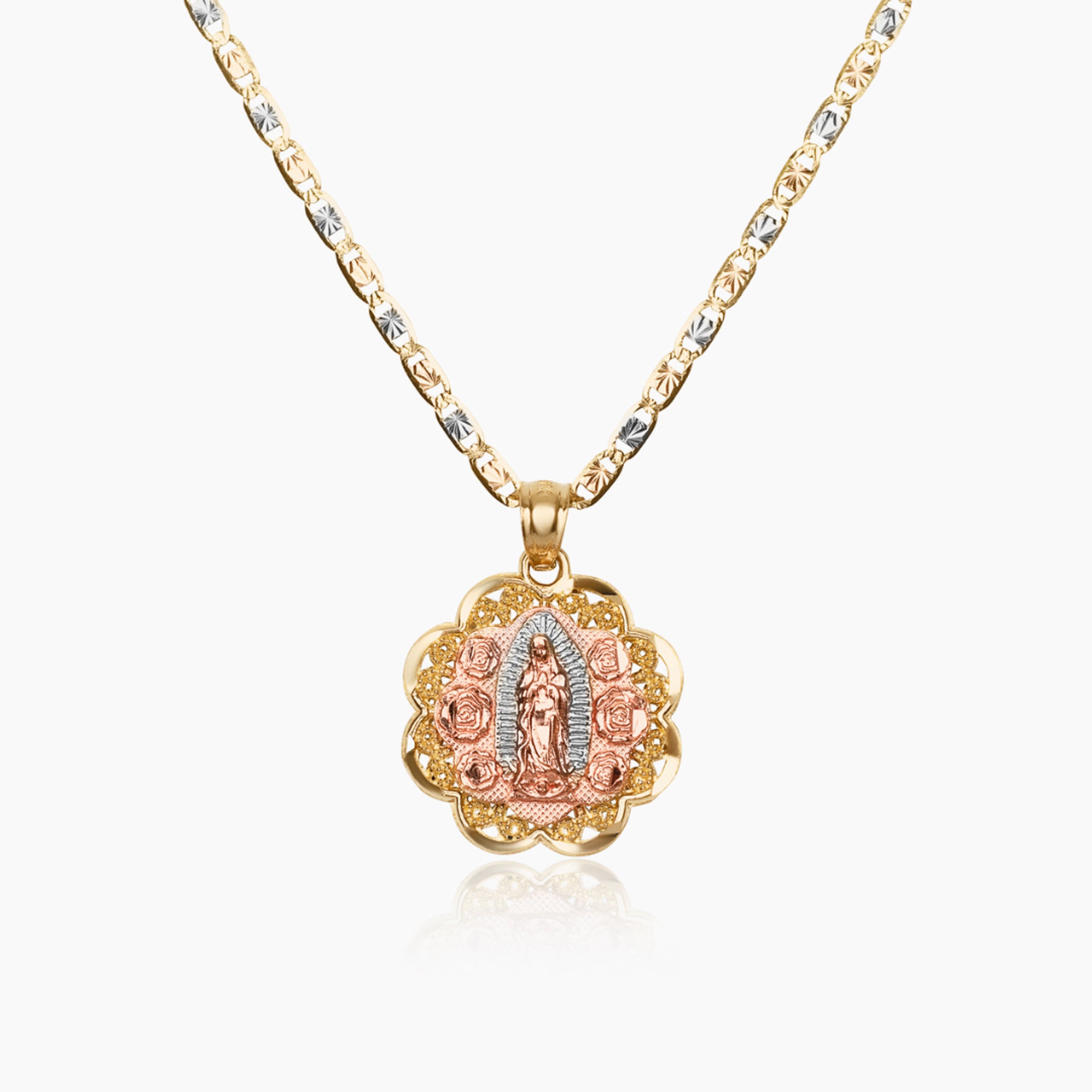 14K TRI COLOR GOLD VIRGIN MARY ROSE BED NECKLACE