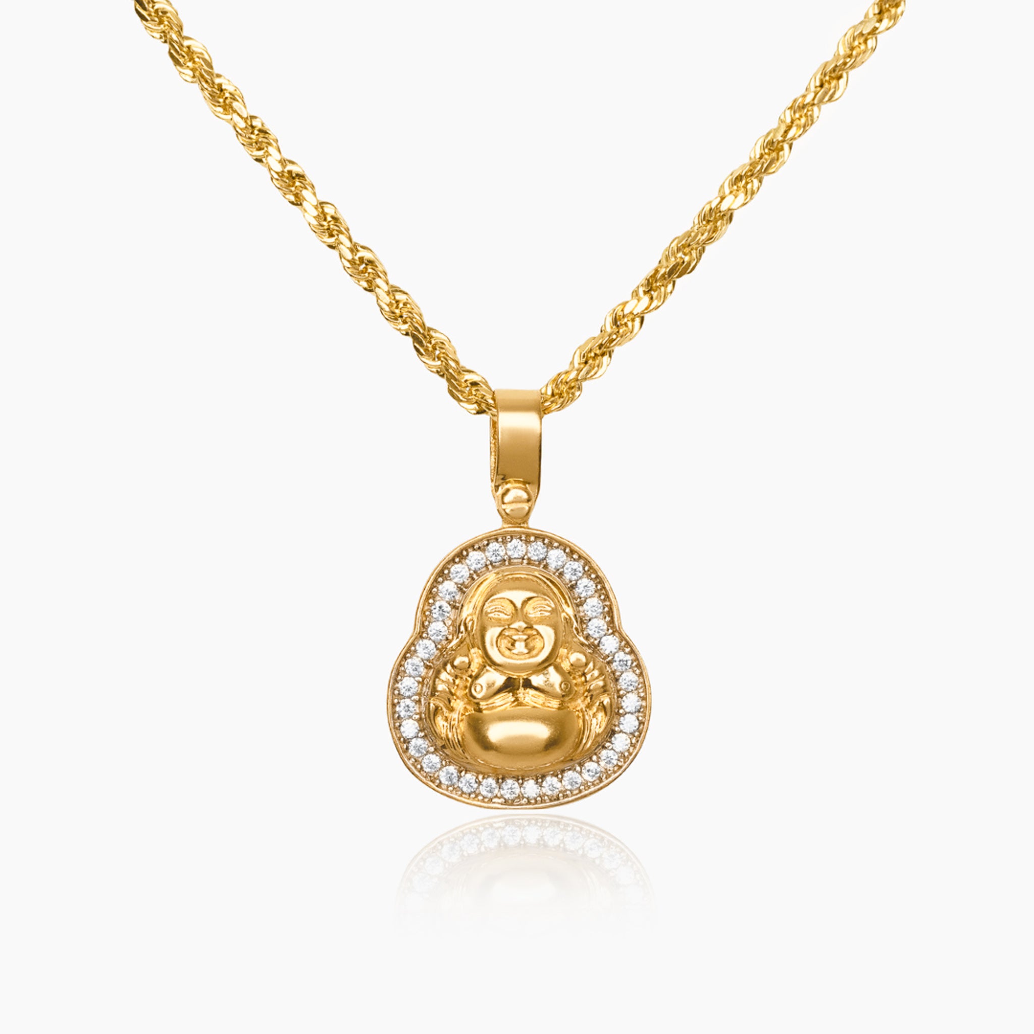 10K YELLOW GOLD ICY BEZEL BUDDHA NECKLACE