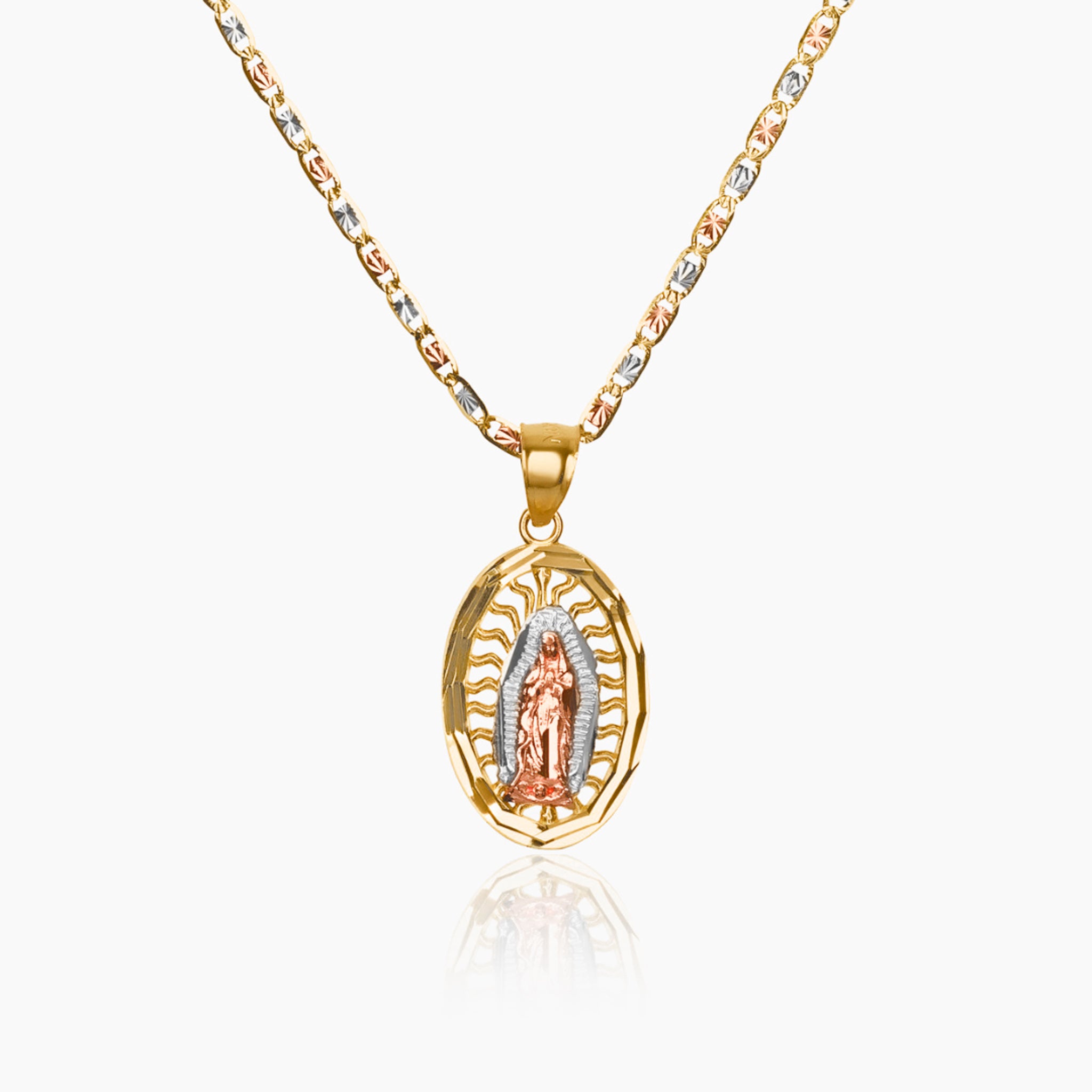 14K TRI COLOR GOLD RISING SUN VIRGIN MARY NECKLACE