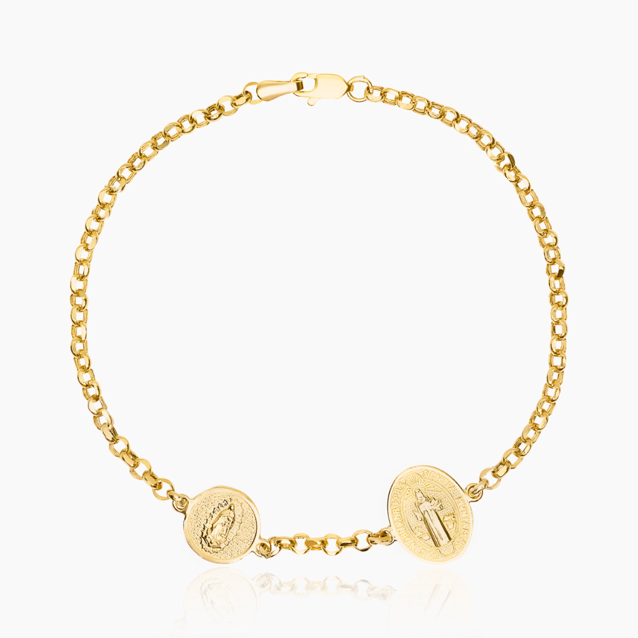 14K YELLOW GOLD VIRGEN MARIA + SAN BENITO ROLO BRACELET