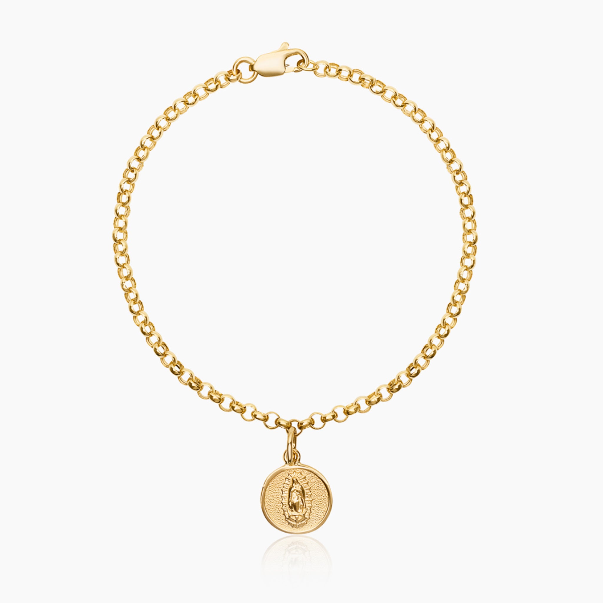 14K YELLOW GOLD VIRGIN MARY PENDANT ROLO CHARM BRACELET