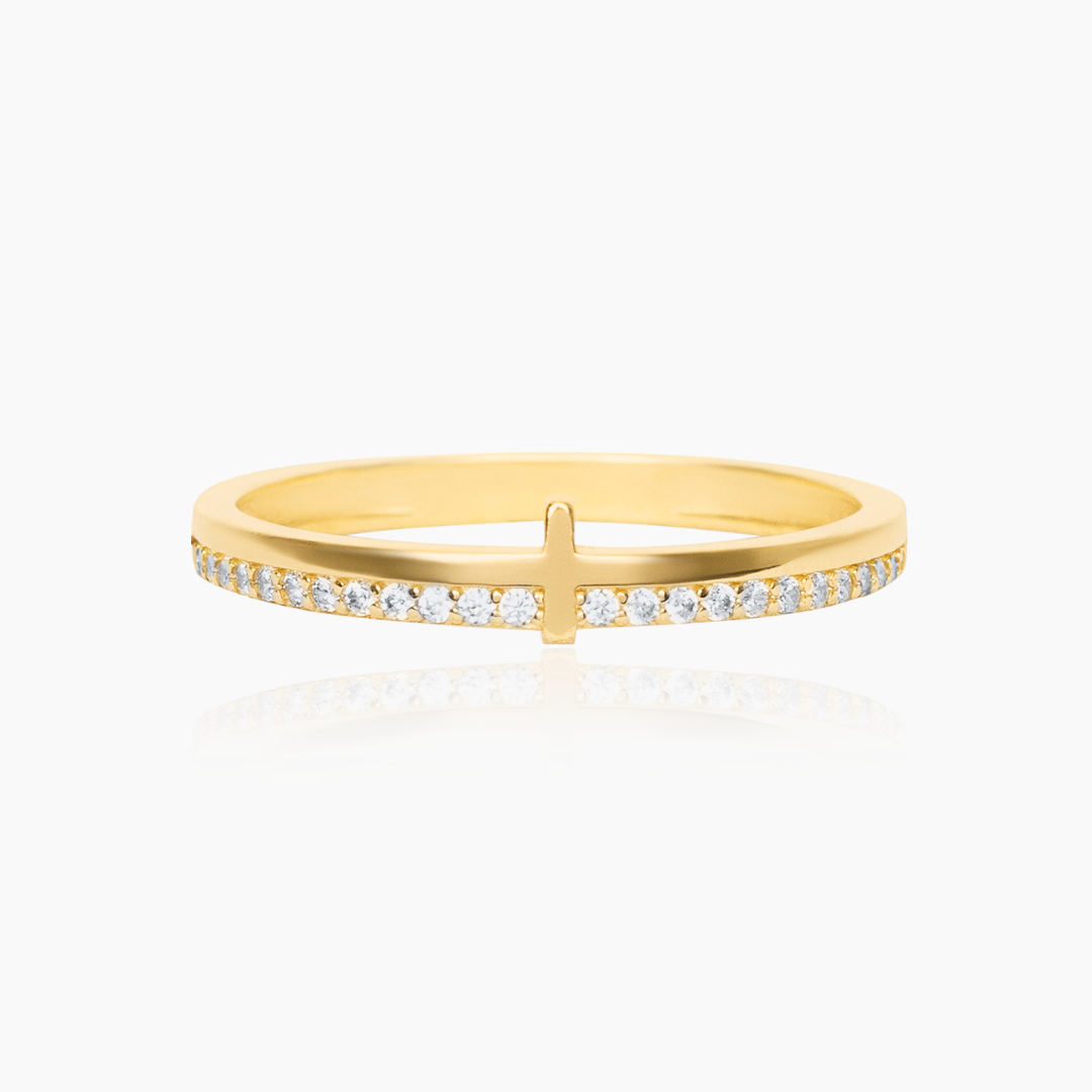 14K YELLOW GOLD LEAH PAVE CROSS RING