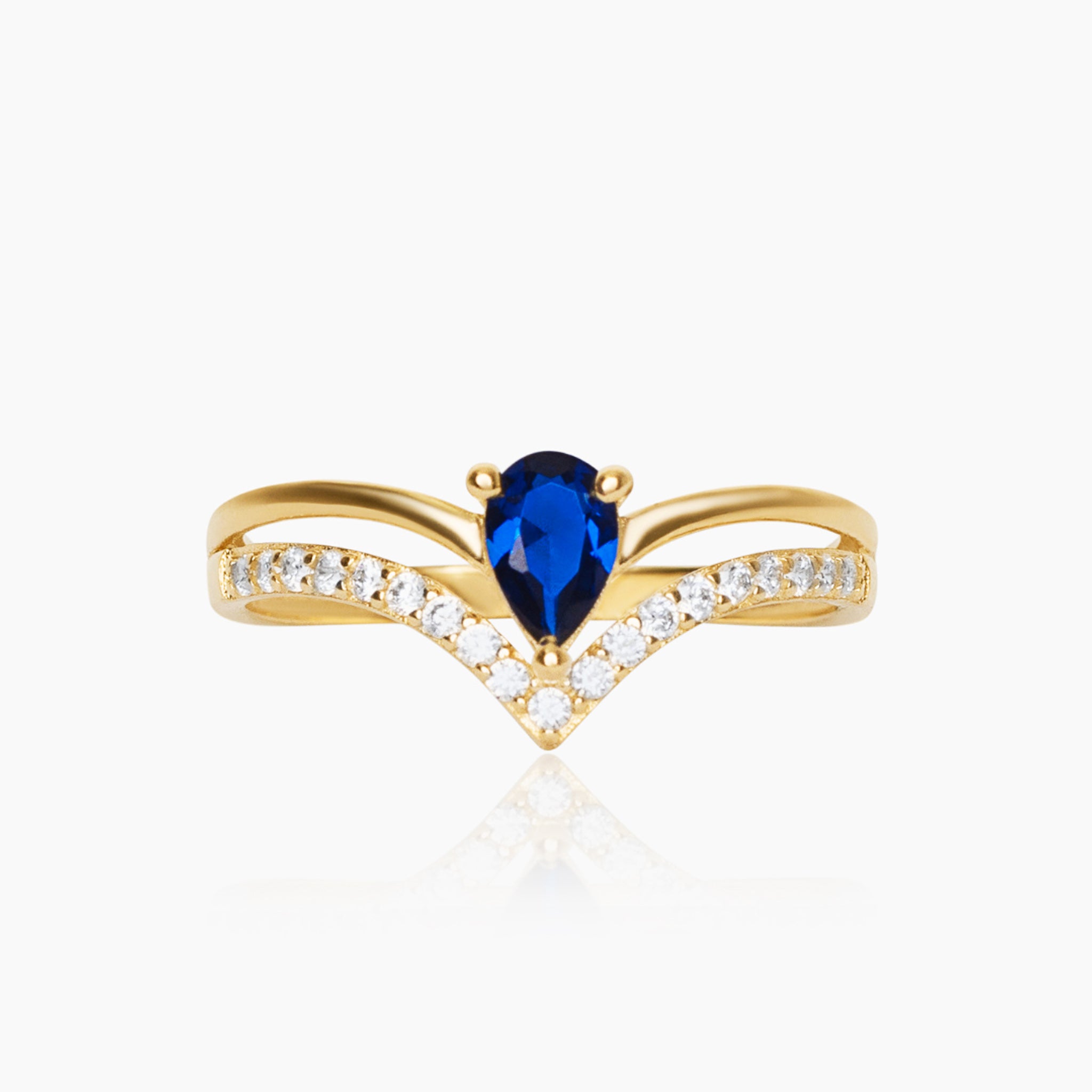 14K YELLOW GOLD PEAR DOUBLE V RING -INDIGO
