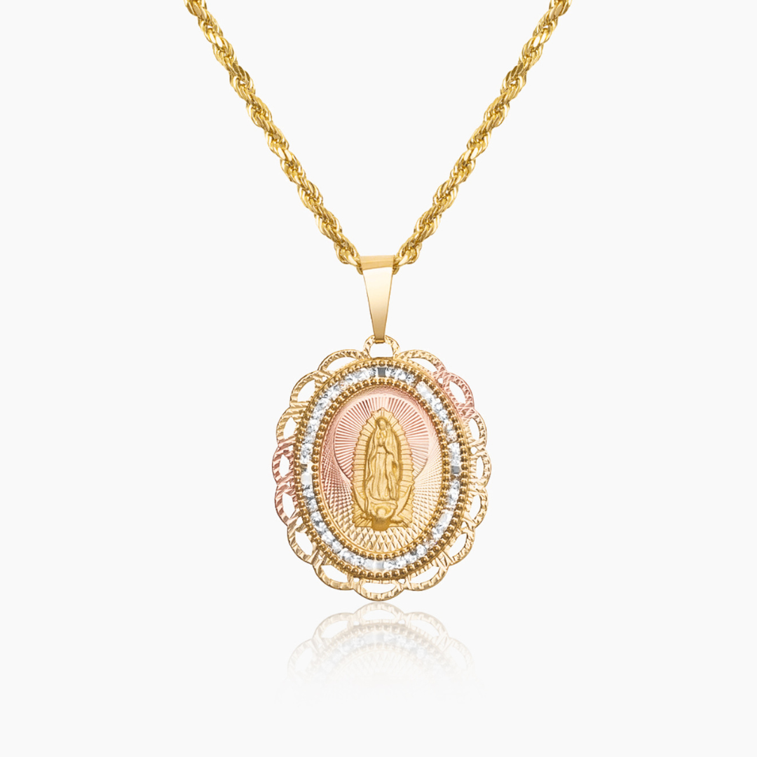 14K YELLOW GOLD LACE FRAME VIRGIN MARY NECKLACE