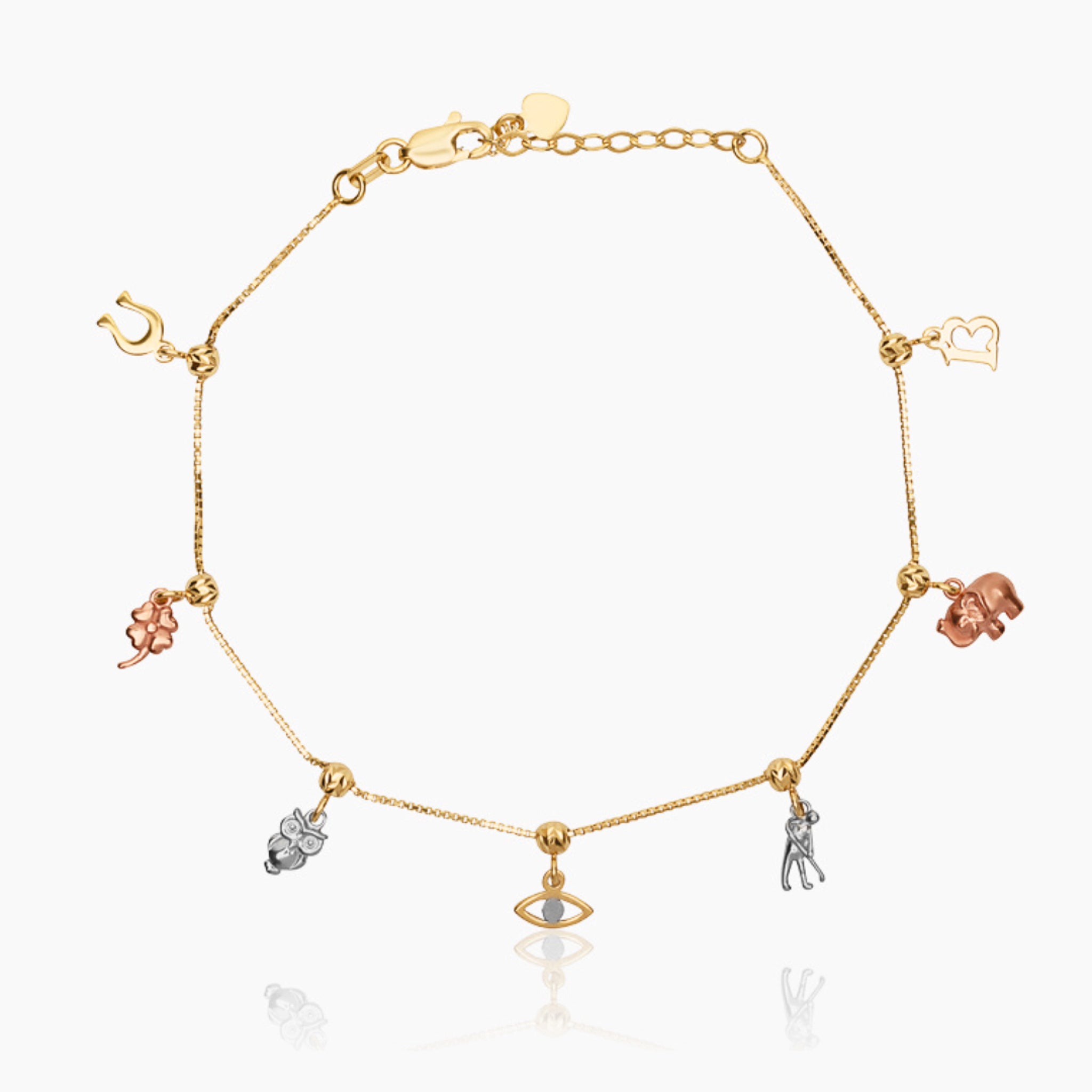14K TRI COLOR GOLD LUCKY CHARMS BRACELET