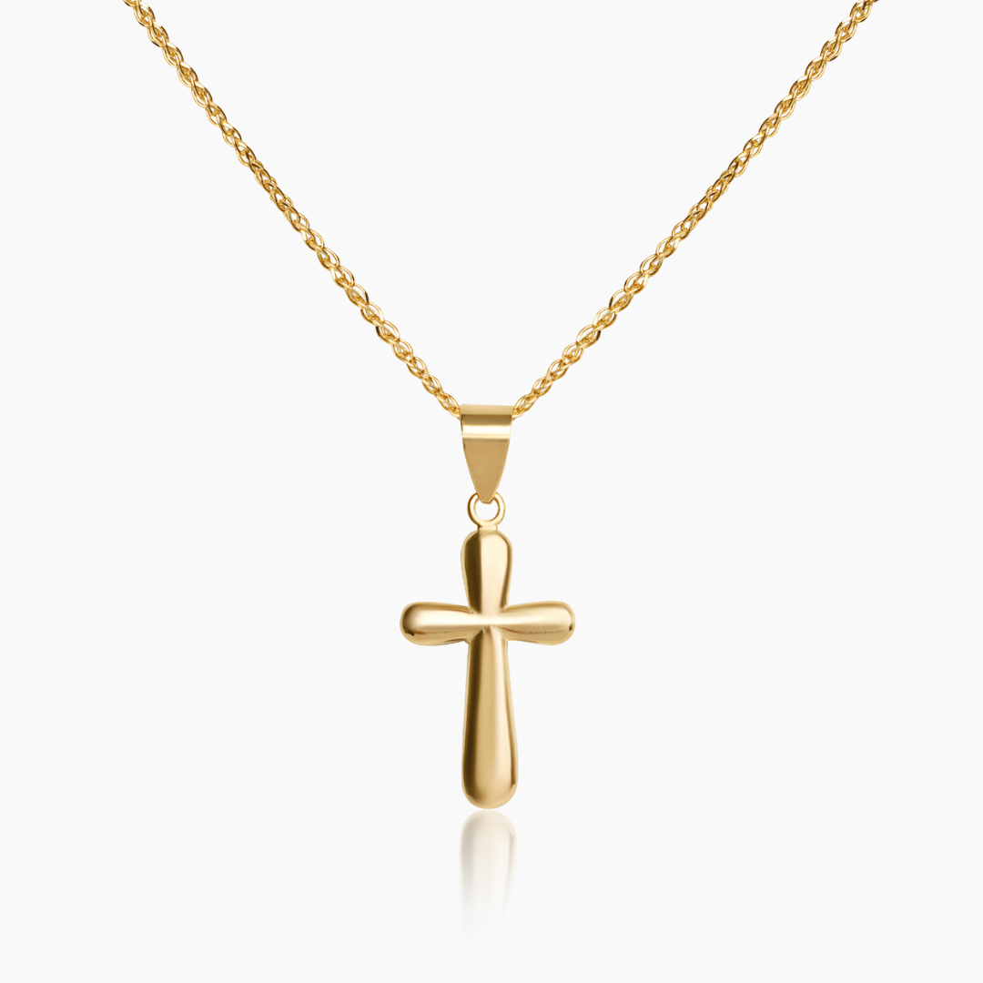 14K YELLOW GOLD ROUNDED LEVI CROSS NECKLACE