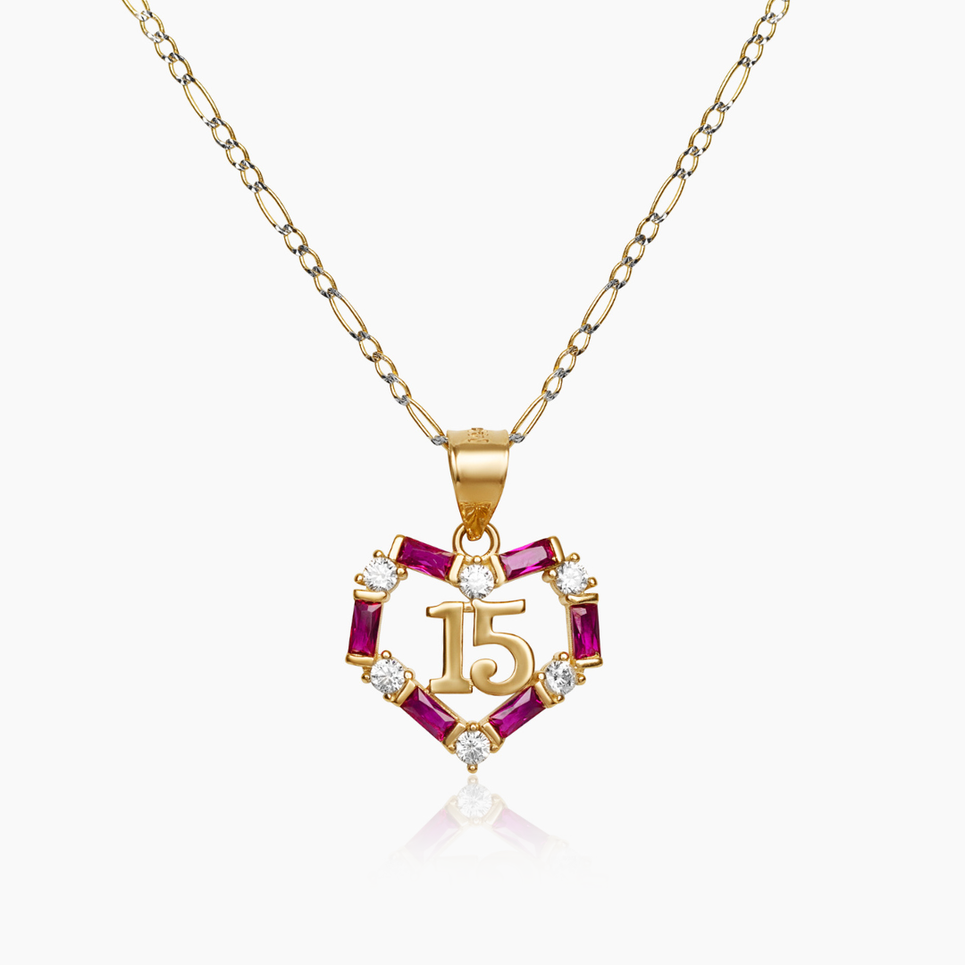 14K YELLOW GOLD ASSORTED CZ HEART SHAPE QUINCE NECKLACE -FUCHSIA