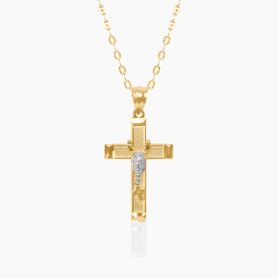 14K YELLOW GOLD MICAH ROSARY CROSS NECKLACE