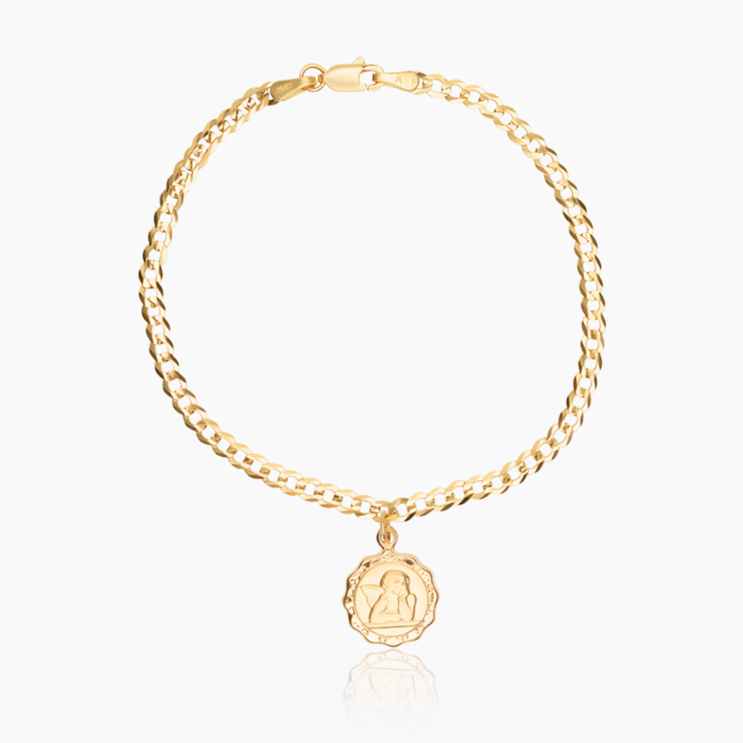 14K YELLOW GOLD CUBAN LINK CHERUB CHARM BRACELET