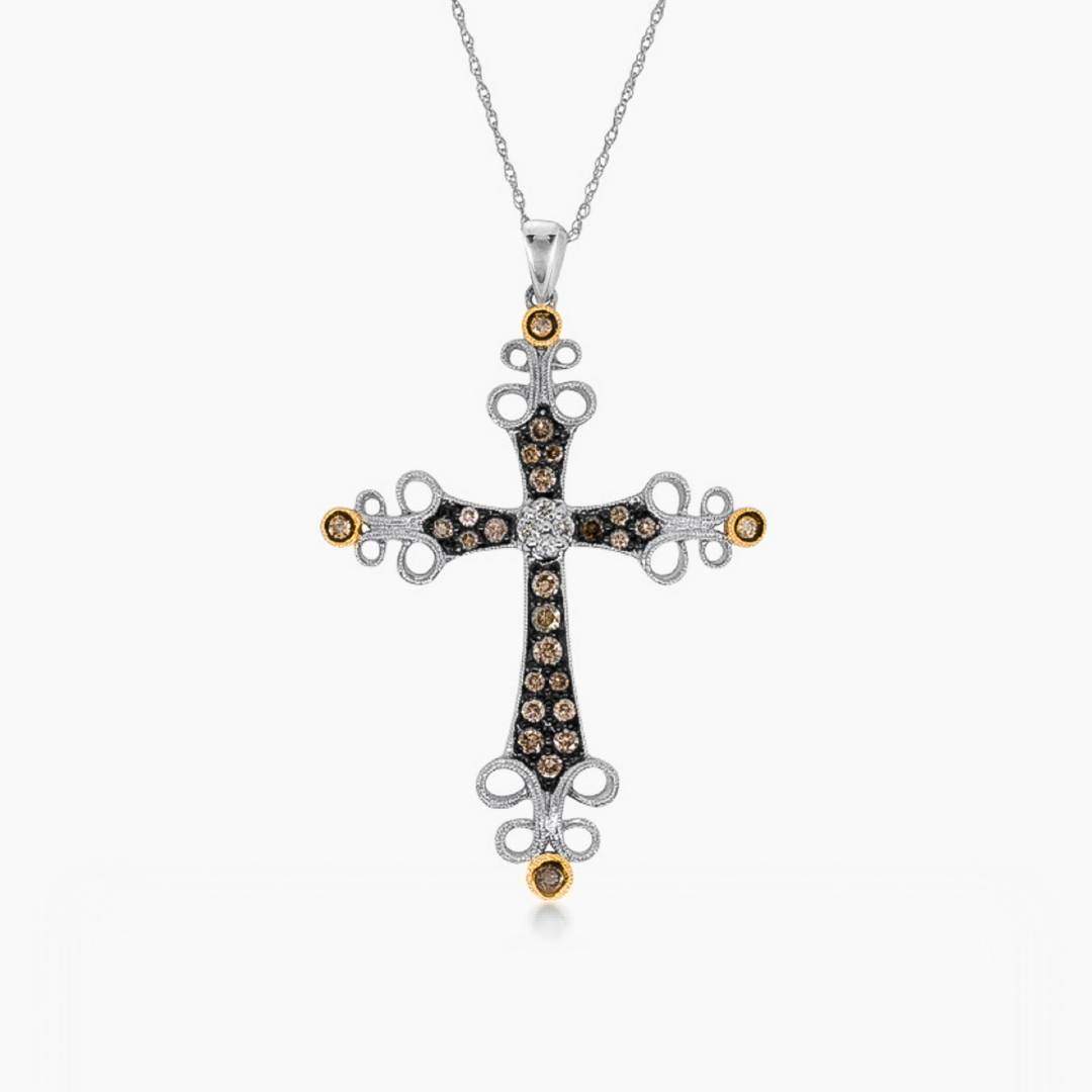 14K WHITE GOLD SALVATION CHOCOLATE DIAMOND CROSS NECKLACE
