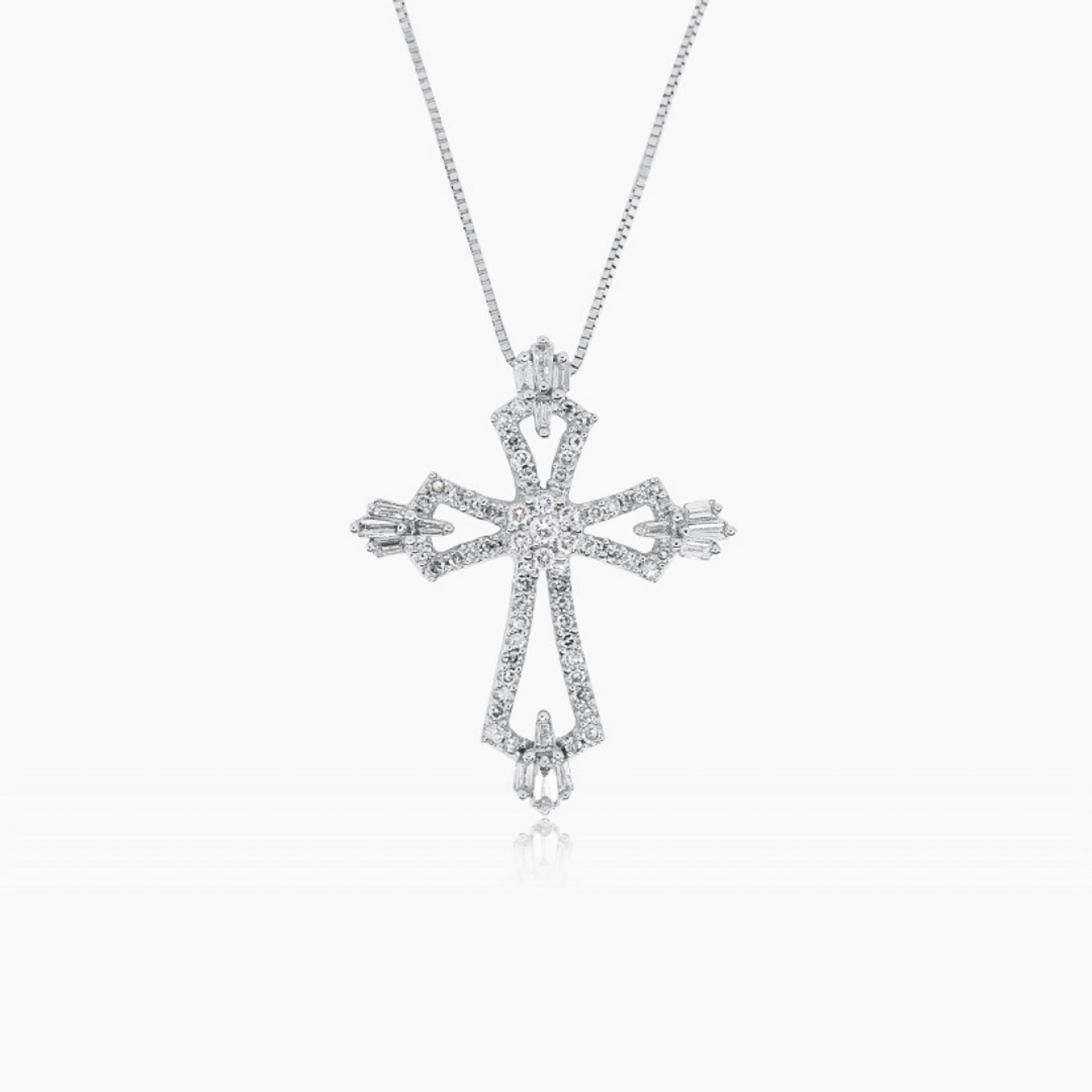 14K WHITE GOLD PIOUS DIAMOND CROSS NECKLACE