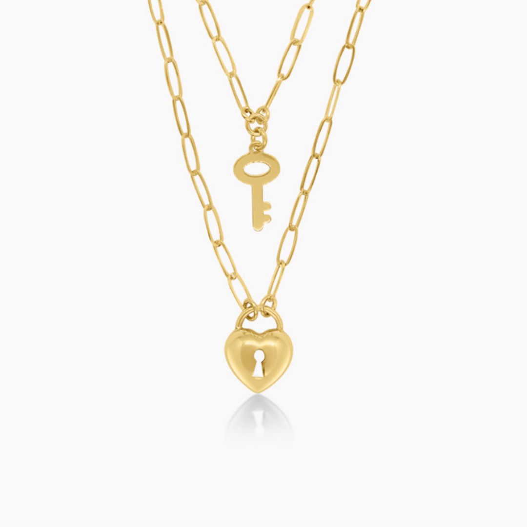14K YELLOW GOLD LOVE LOCK LAYERED NECKLACE