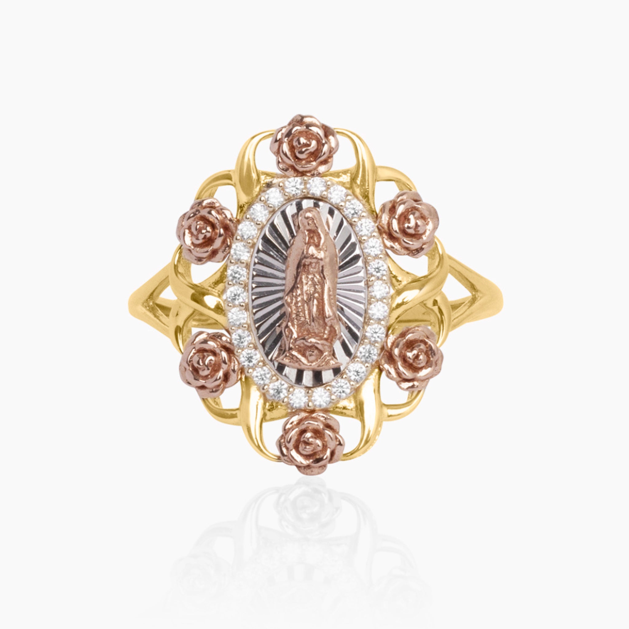 14K YELLOW GOLD VIRGIN MARY BLOOMING ROSE RING