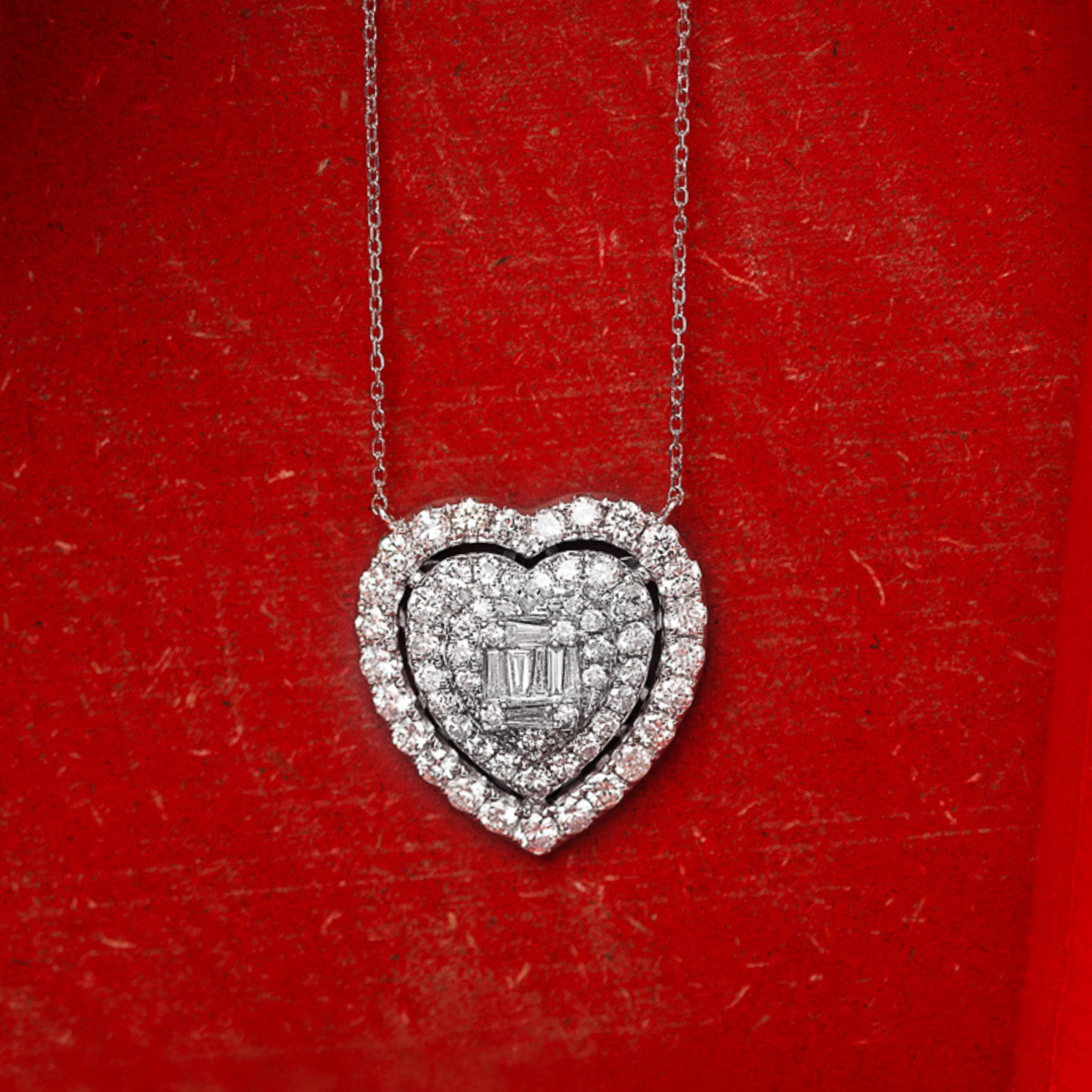 14K WHITE GOLD AMOR ETERNO ROUND & EMERALD CUT DIAMOND HEART NECKLACE