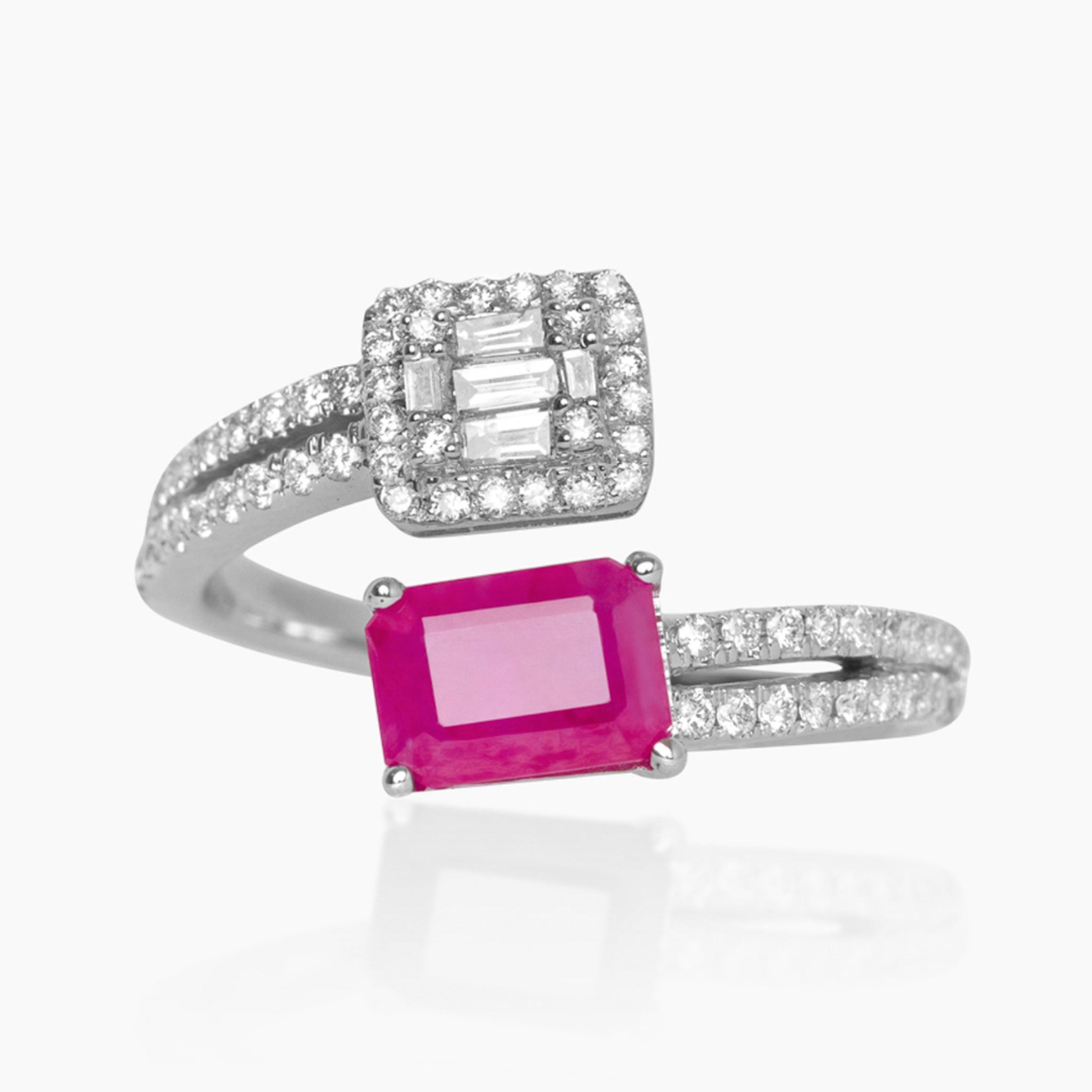 14K WHITE GOLD SELENE DIAMOND AND RUBY WRAP RING