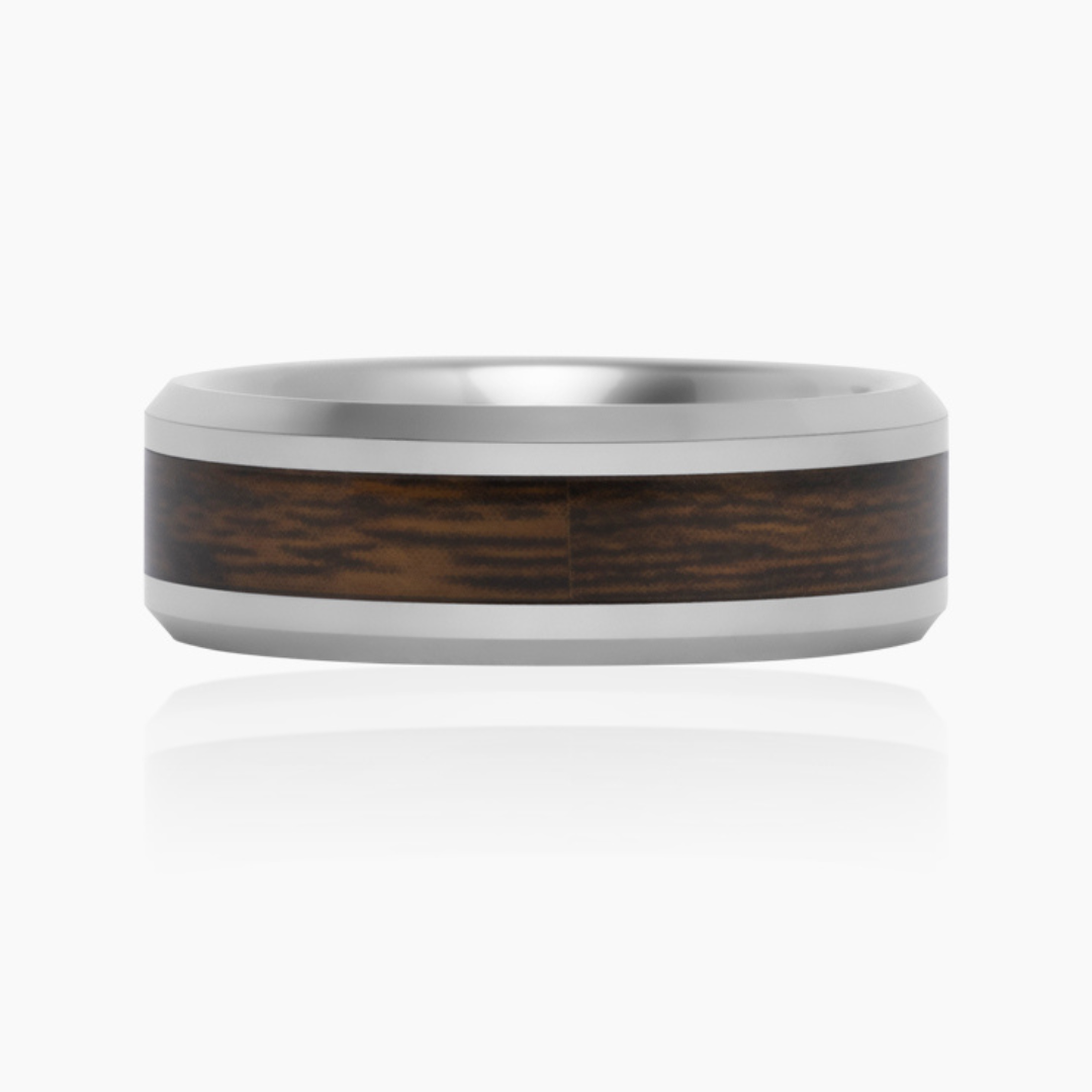 TUNGSTEN WOOD GRAIN CENTER HIGH POLISH BEVEL EDGE RING -8MM
