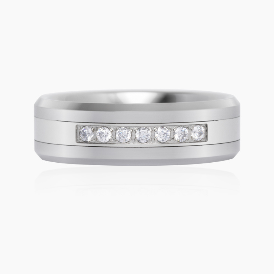 TUNGSTEN CZ CENTER HIGH POLISH BEVEL EDGE RING 8MM