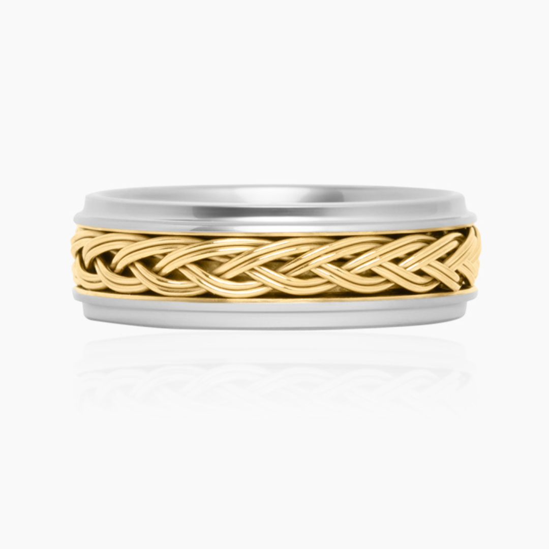 TUNGSTEN GOLD BRAIDED INLAY STEP EDGE RING -8MM