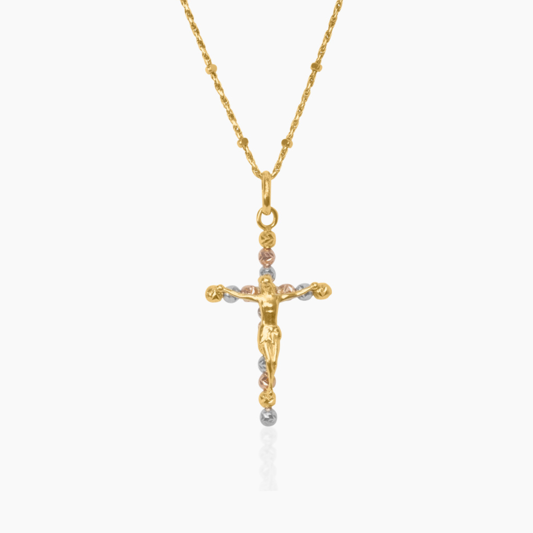 14K TRI COLOR TIRZAH CROSS NECKLACE