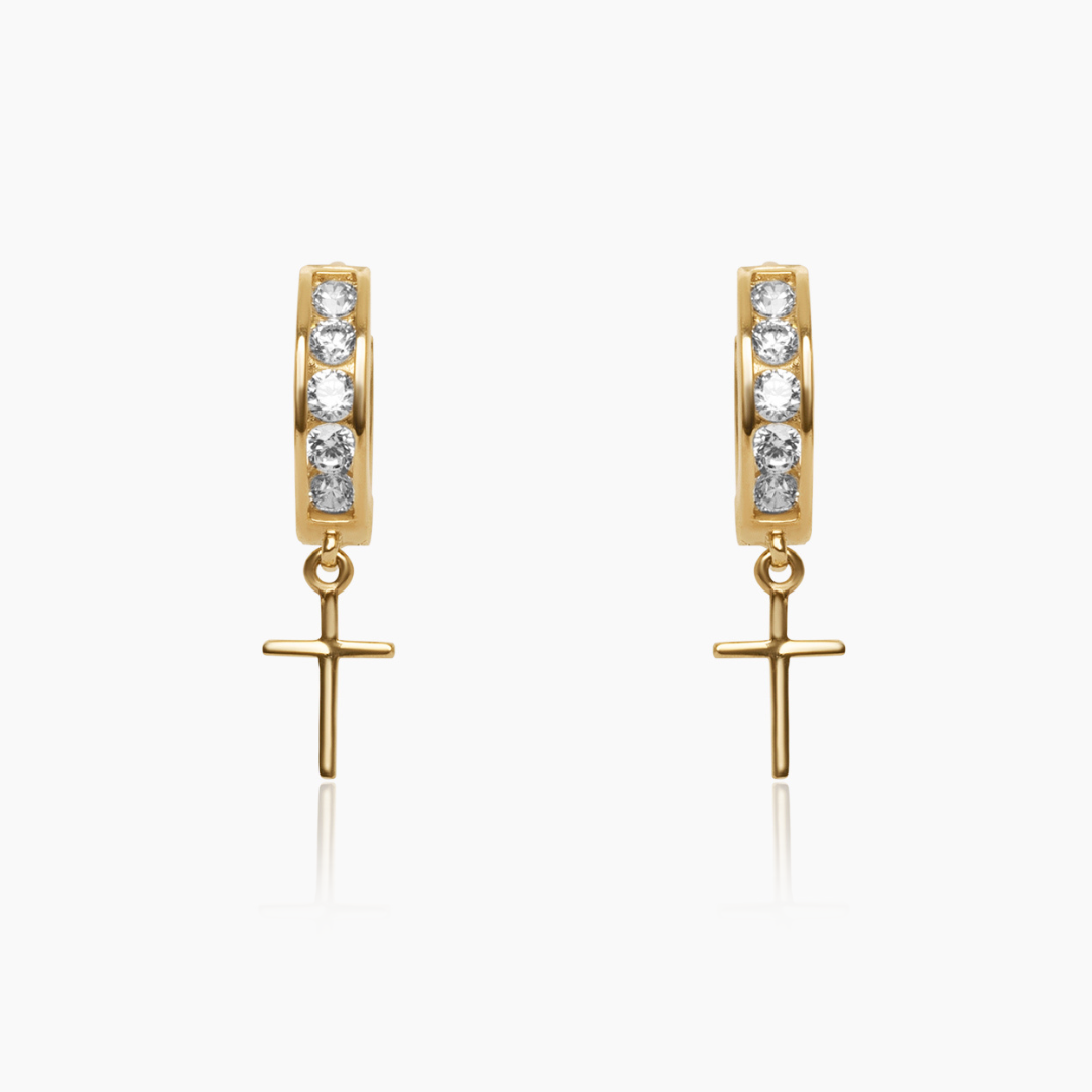 14K YELLOW GOLD MINI CROSS DROP CZ HUGGIES
